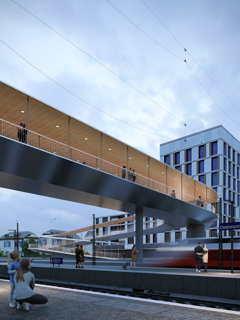 Rendering. Competition for a new footbridge in Delémont by atelier d21. Image by Camera Picta.