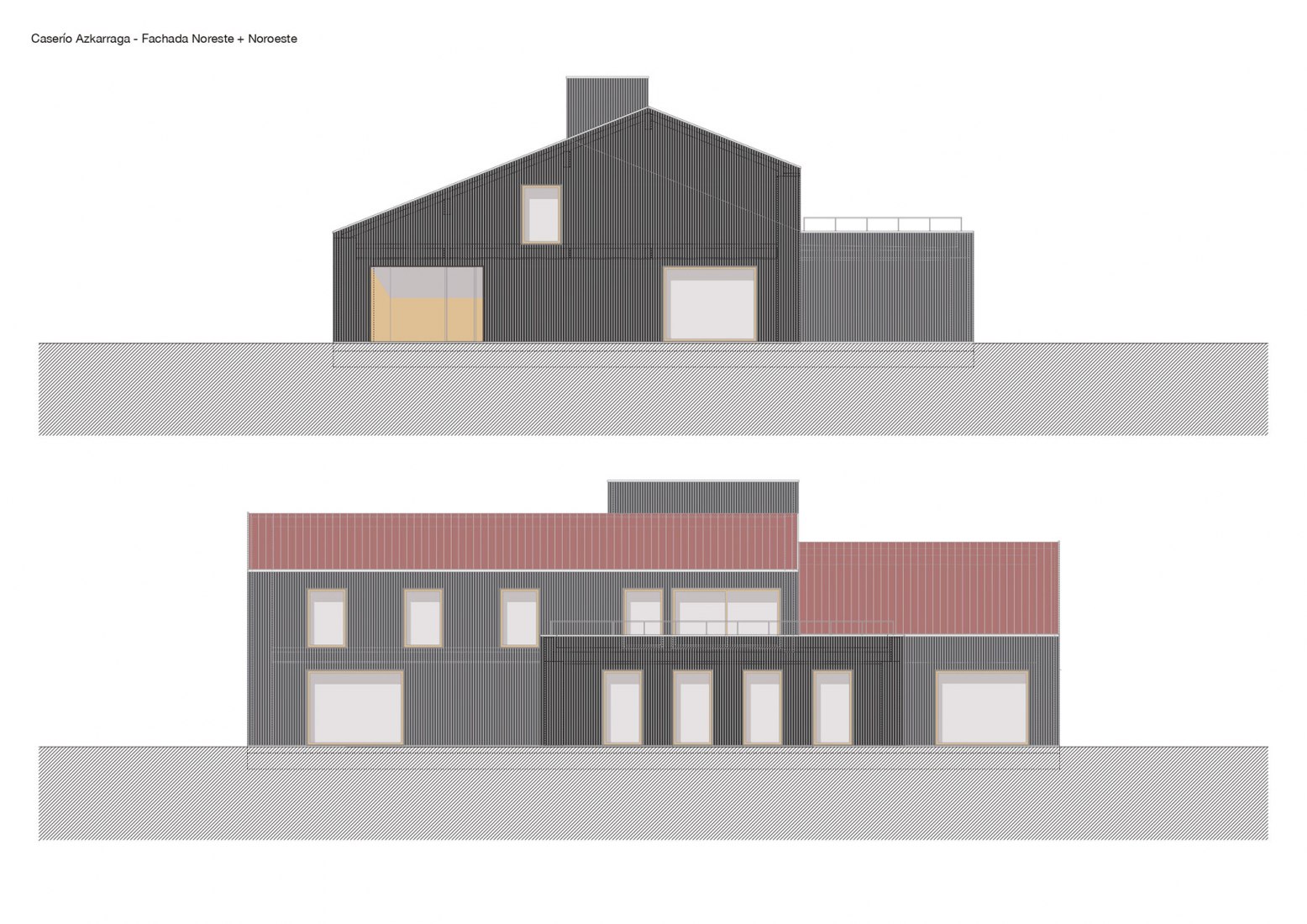 Alzados noreste y noroeste. Caserío Azkarraga por BABELstudio y BONADONA Arquitectura.