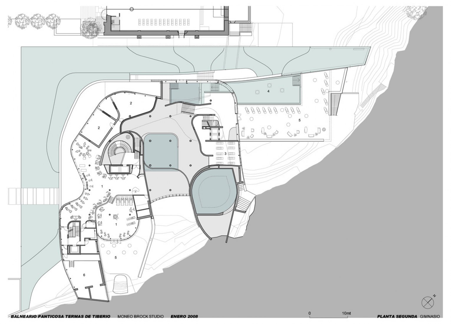 First floor plan. Pools. Thermal baths "Termas de Tiberio" by Moneo Brock Studio. 1.- pool reception 2.- waterfall pool 3.- hydrotherapy pool 4.- aromatic pool 5.- cold pool 6.- oculus pool 7.- café 8.- sunroom lounge 9.- exfoliation rooms 10.- hammam 11.- steam room 12.- finnish sauna 13.- igloo 14.- caldarium 15.- rock lounge 16.- showers 17.- terrace 18.- exterior bar.