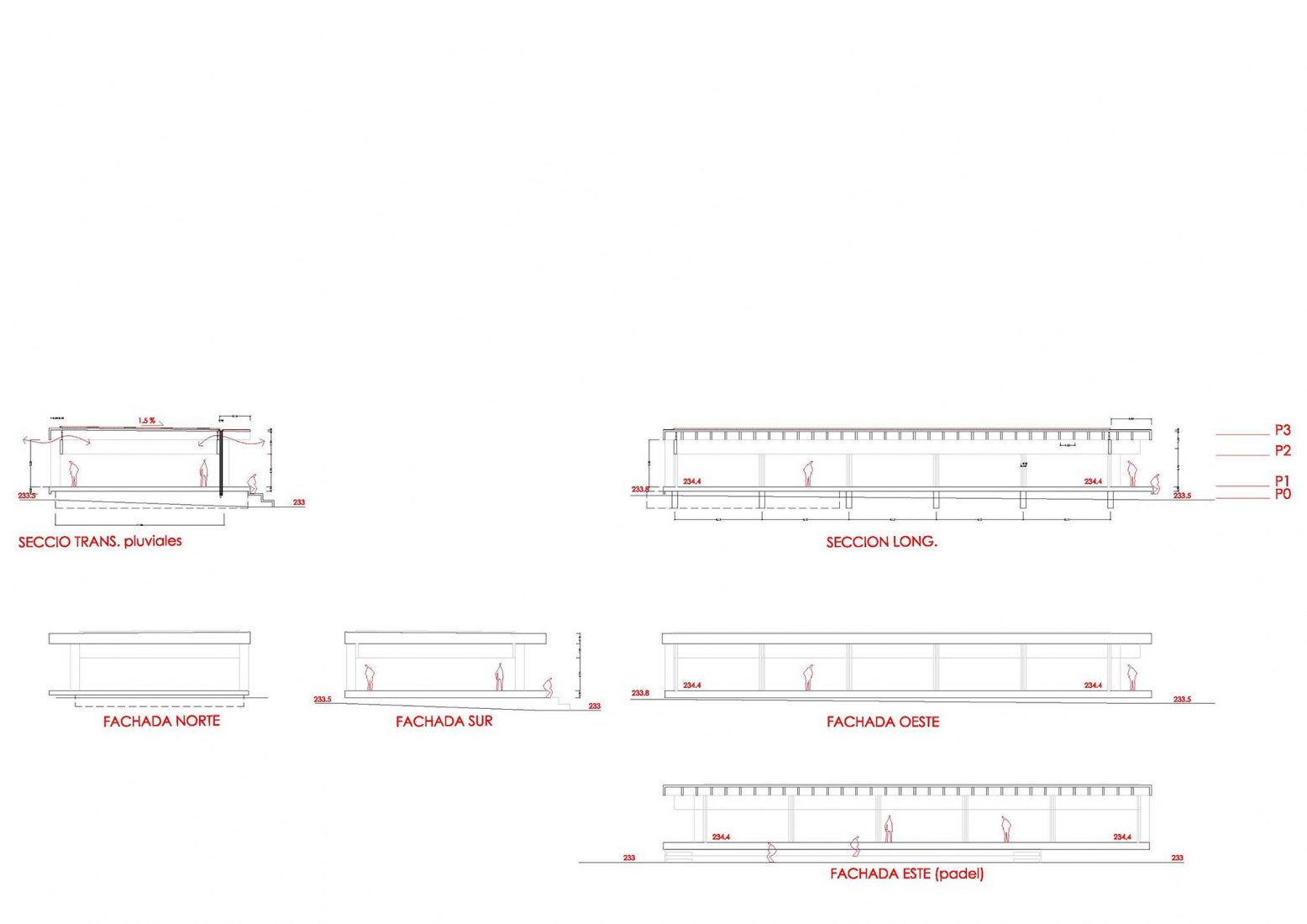 Secciones y Alzados. Nuevo Edificio Anexo Gimnasio-Sala De Fitness ATHC por BAMMP Arquitectos y XVArquitectura