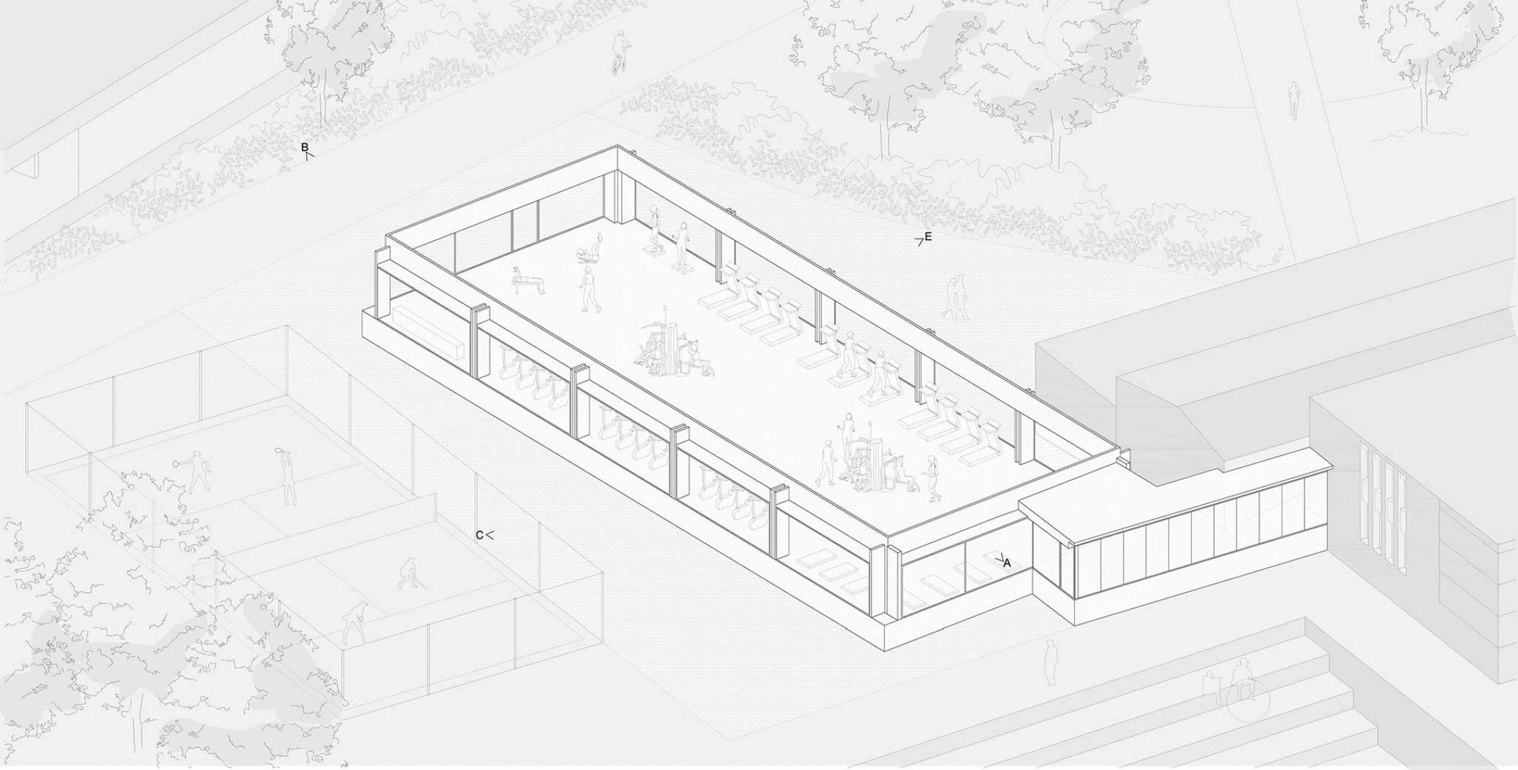 Vista axonométrica. Nuevo Edificio Anexo Gimnasio-Sala De Fitness ATHC por BAMMP Arquitectos y XVArquitectura