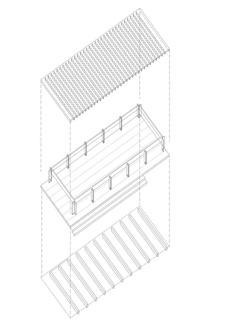 Axonometría de estructura. Nuevo Edificio Anexo Gimnasio-Sala De Fitness ATHC por BAMMP Arquitectos y XVArquitectura
