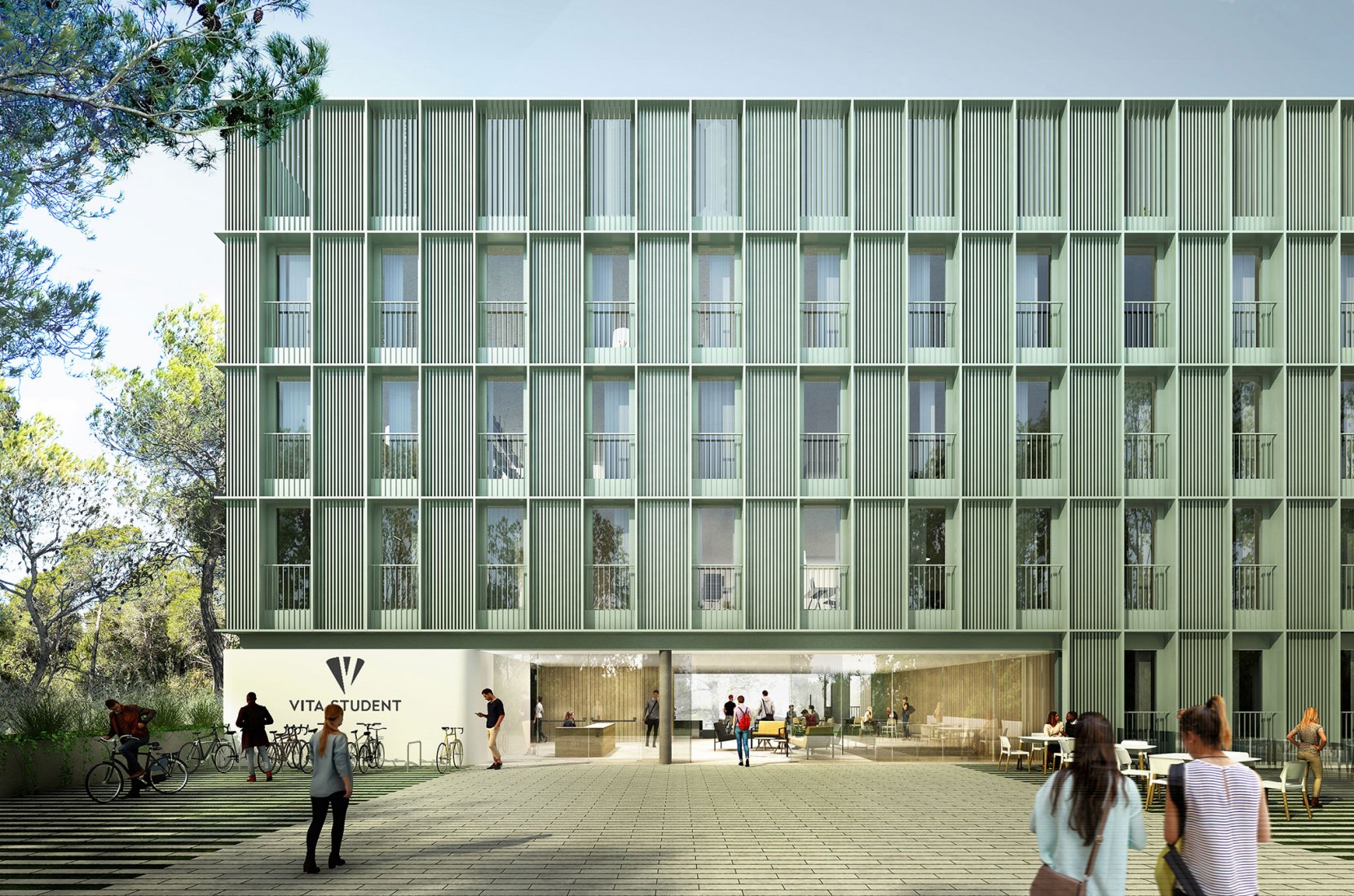 Student residence with 274 rooms in Pedralbes by Batlleiroig. Rendering by SBDA.