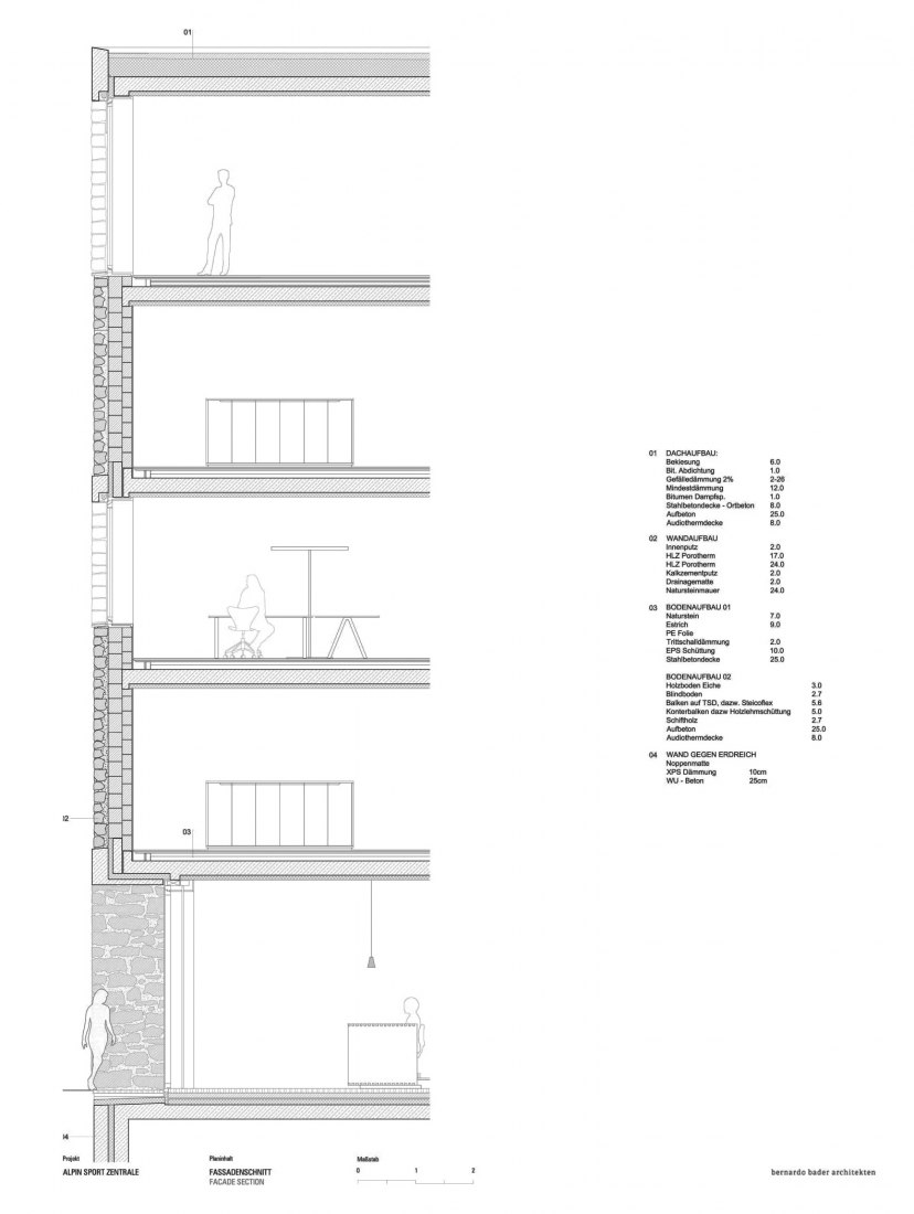 Sección constructiva. Centro deportivo alpino por Bernardo Bader.