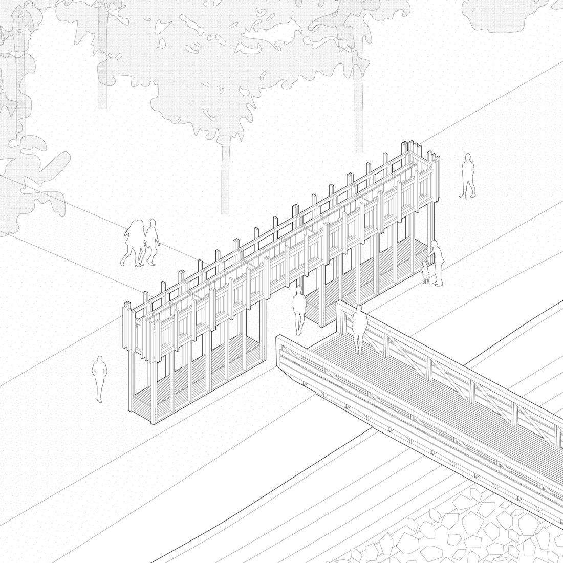 Axonometric view. Faille Cachée, entrance to the Parc de Marais by Martin Gaufryau + Quentin Barthe + Tom Patenotte.