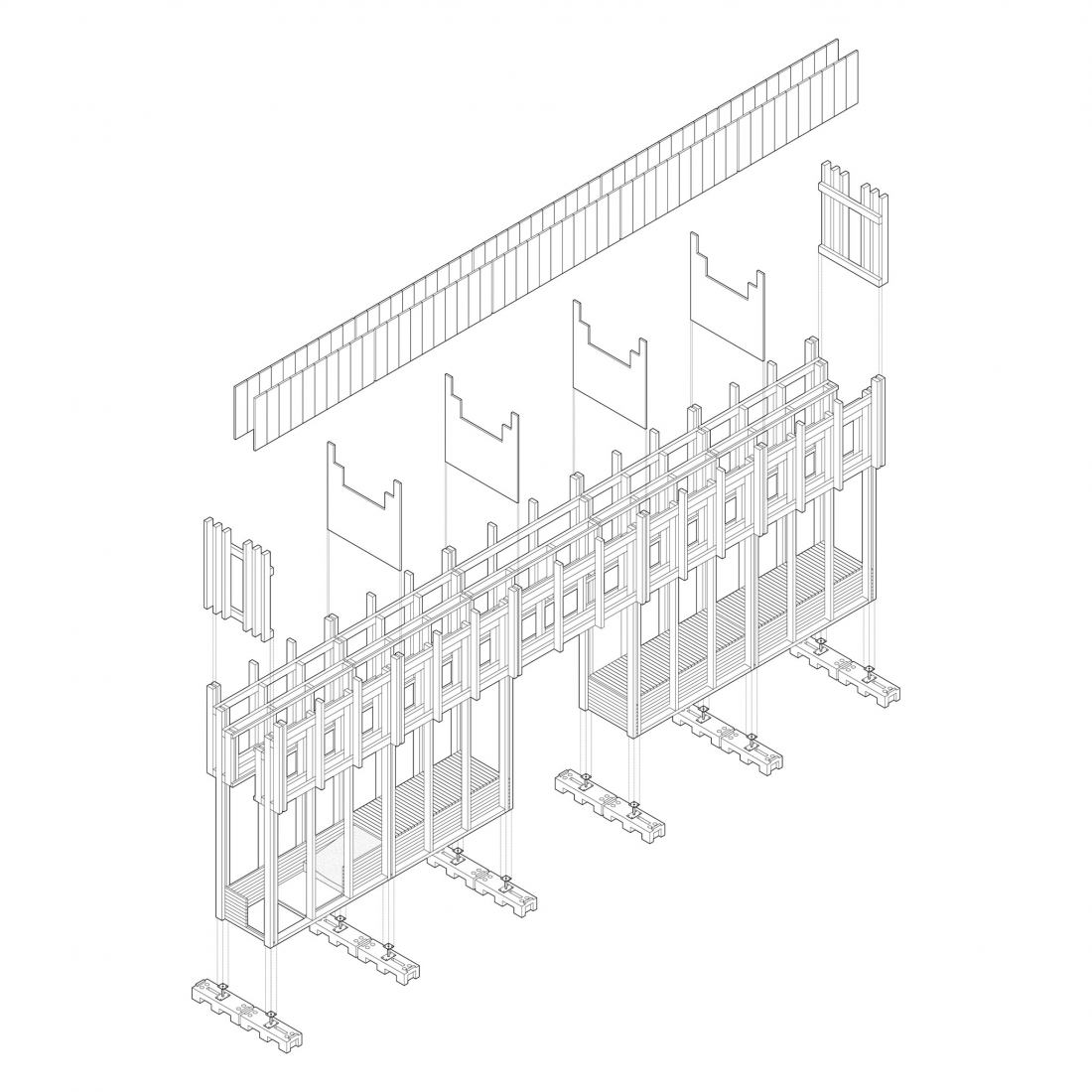 Exploded axonometric. Faille Cachée, entrance to the Parc de Marais by Martin Gaufryau + Quentin Barthe + Tom Patenotte.