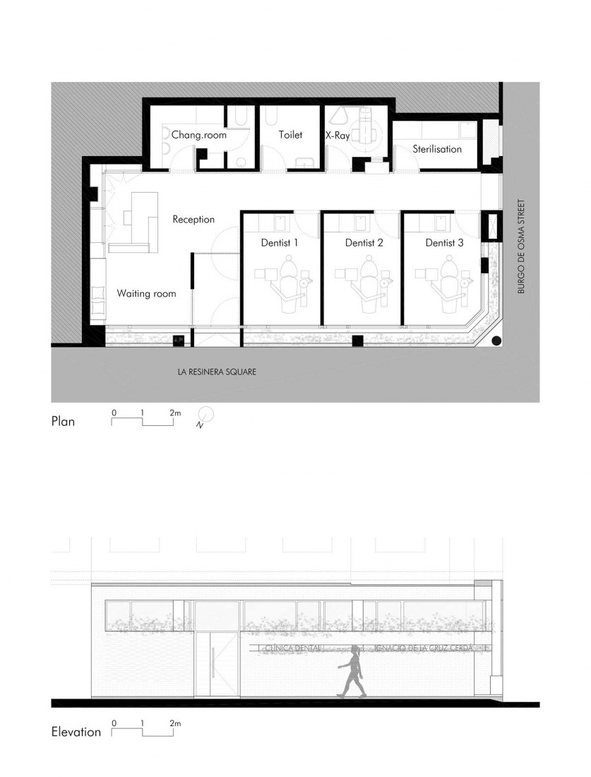 Ground floor and front elevation. Dental Clinic in Aranda by Estudio Bher Arquitectos 