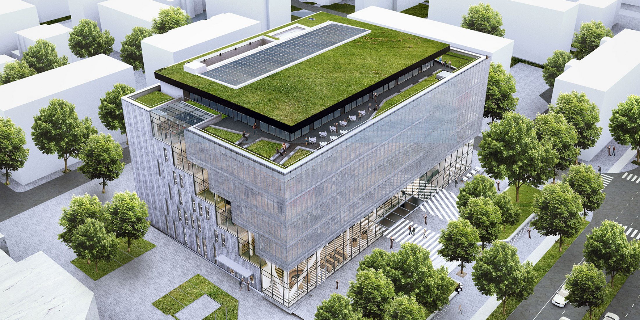 Render axonométrica exterior suroeste. La Biblioteca Regional de Varna por Architects for Urbanity