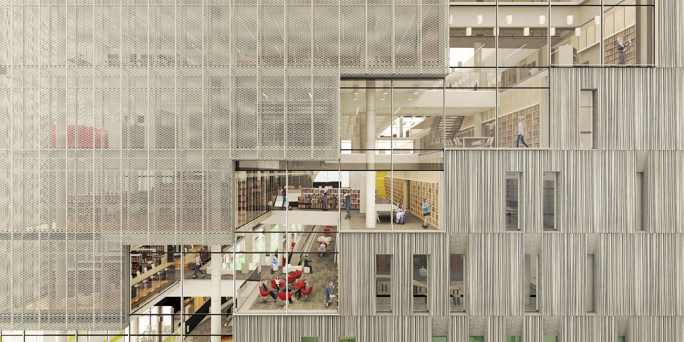 Render detalle de fachada. La Biblioteca Regional de Varna por Architects for Urbanity