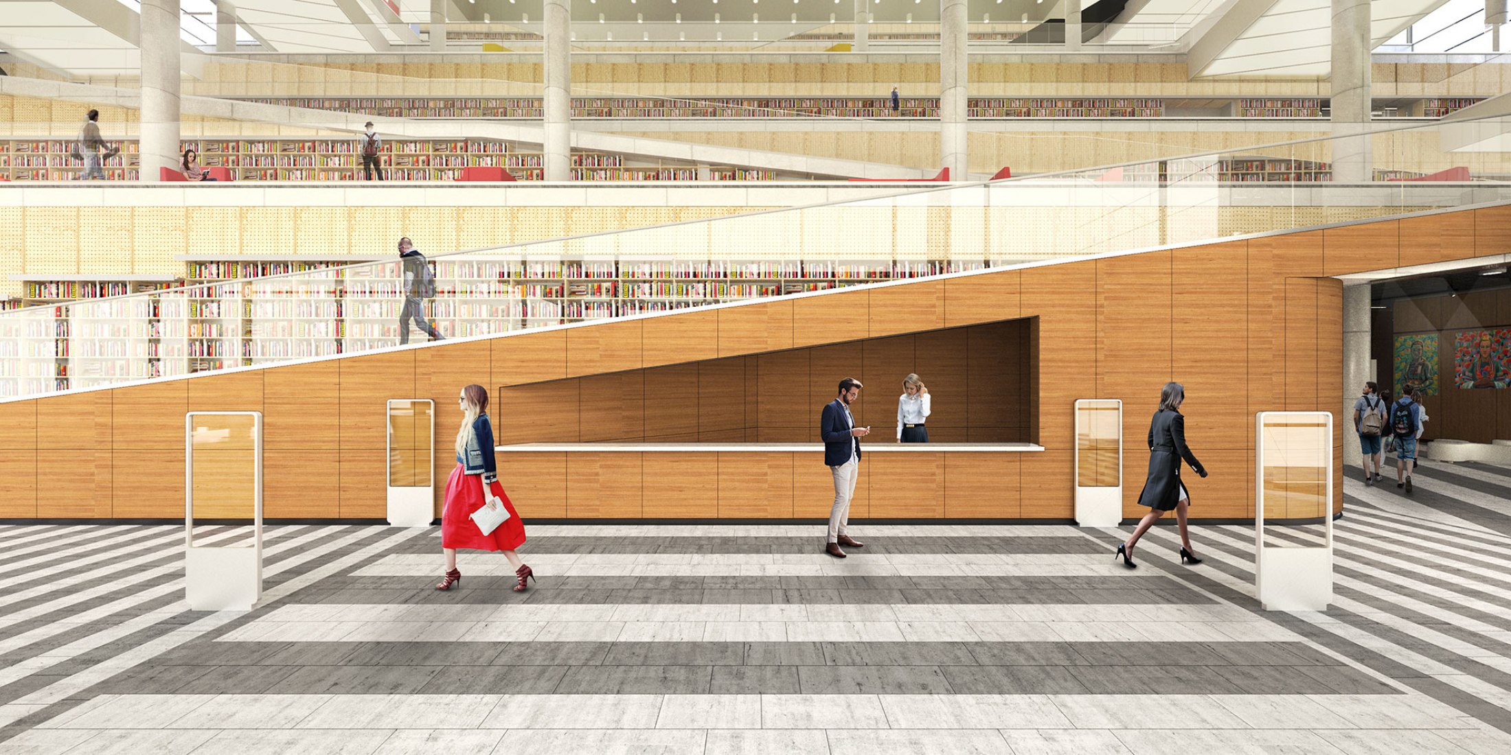 Render vista interior entrada. La Biblioteca Regional de Varna por Architects for Urbanity