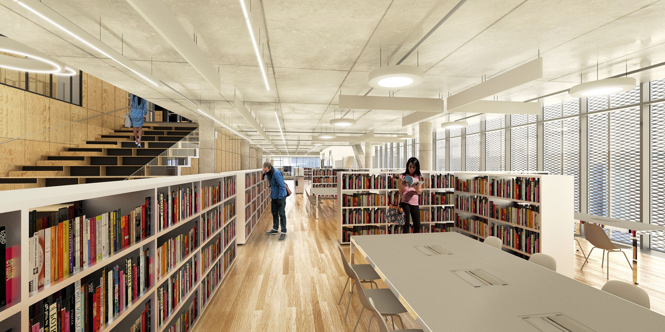 Render vista interior quinta planta. La Biblioteca Regional de Varna por Architects for Urbanity