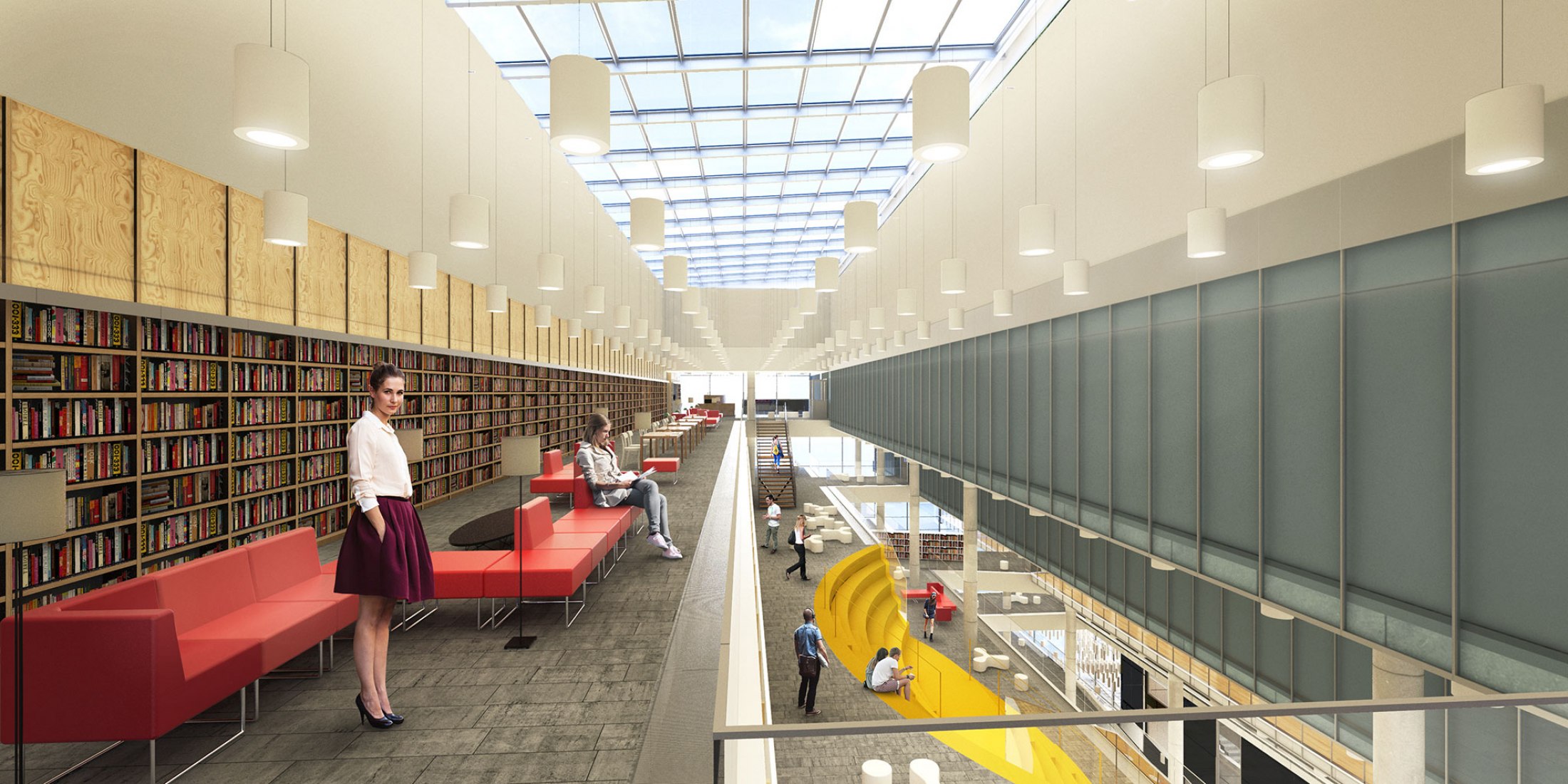 Render vista interior quinta planta. La Biblioteca Regional de Varna por Architects for Urbanity