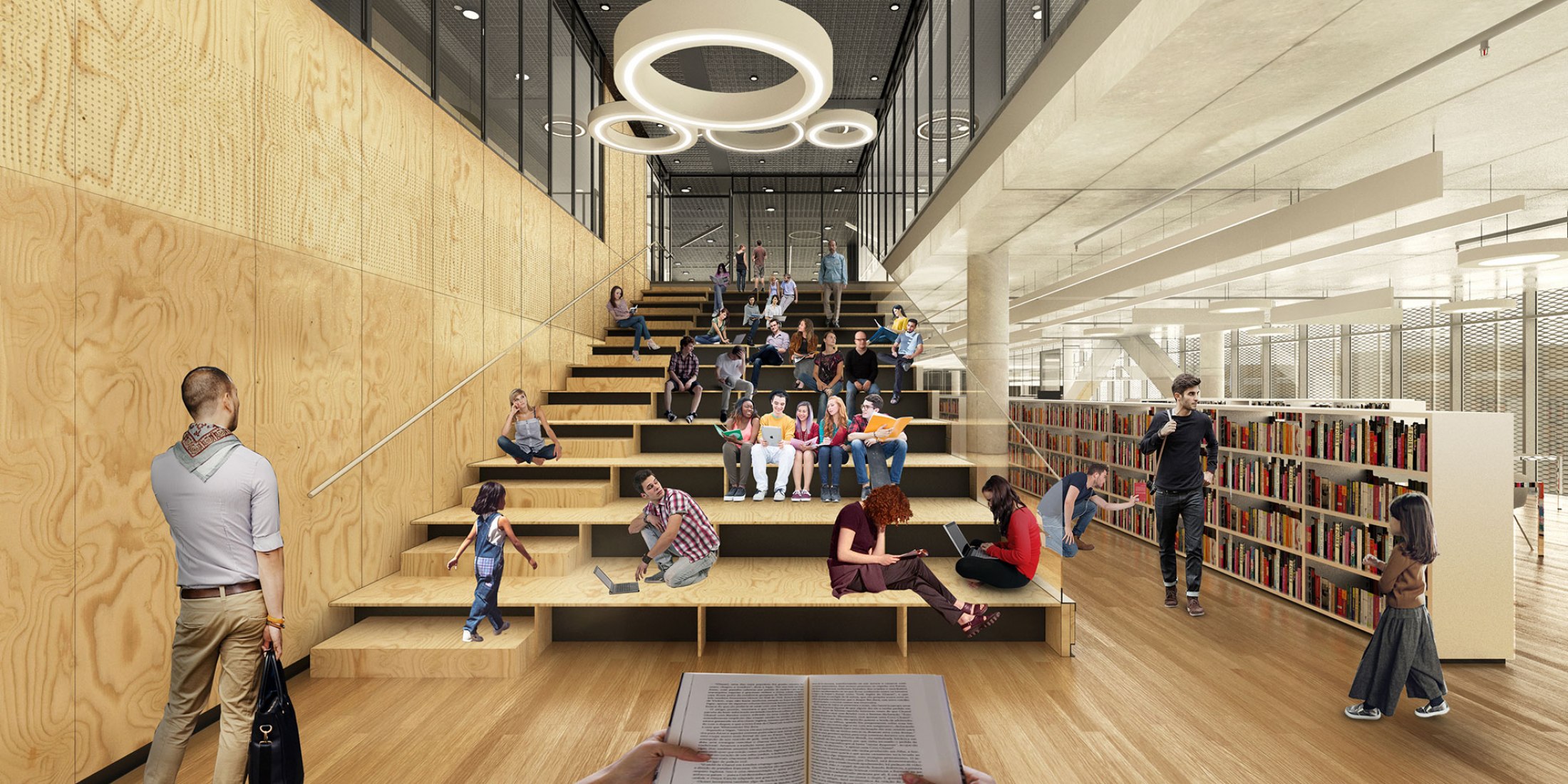 Render vista interior quinta planta. Espacio de lectura. La Biblioteca Regional de Varna por Architects for Urbanity