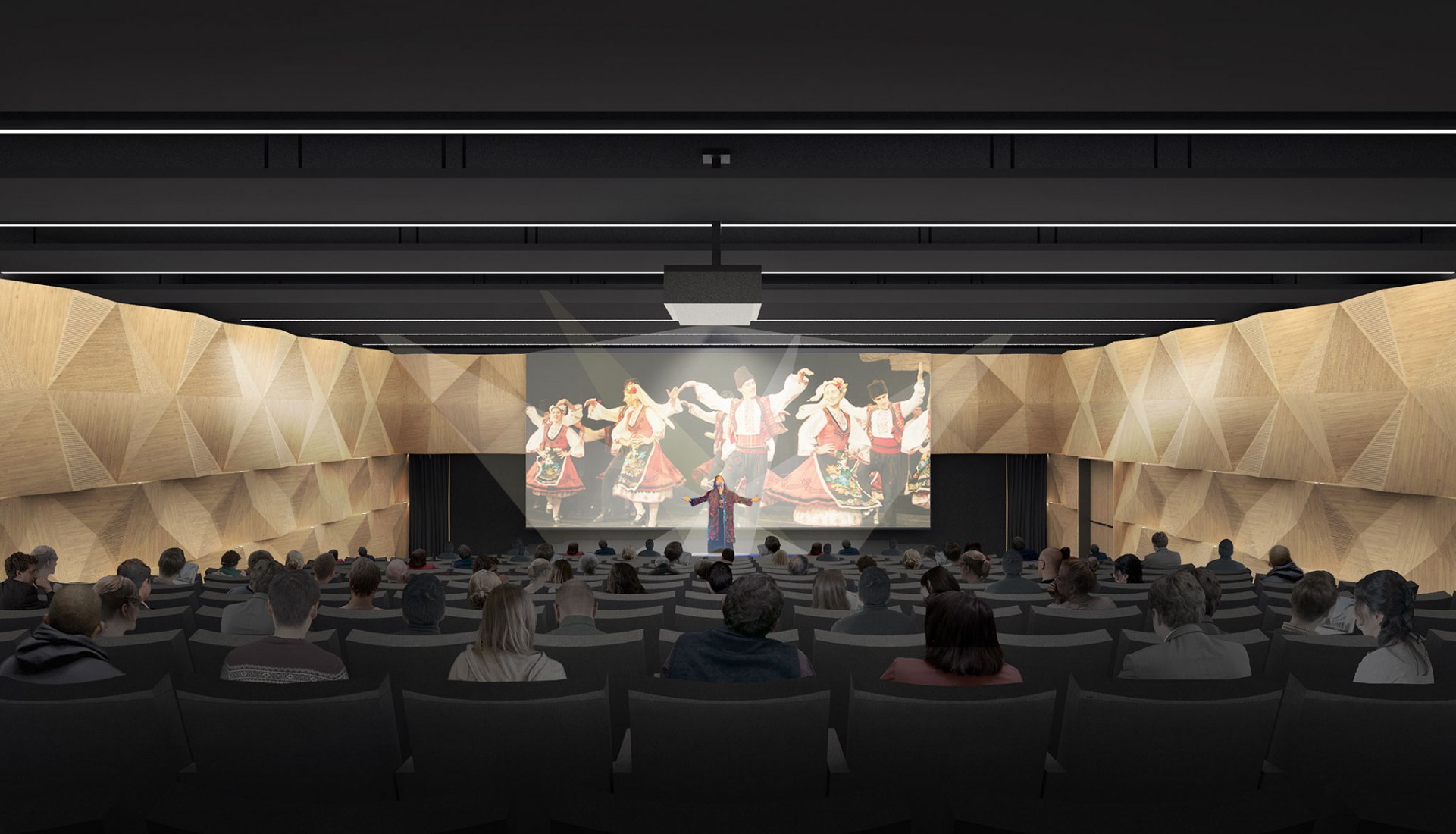 Render vista interior auditorio. La Biblioteca Regional de Varna por Architects for Urbanity