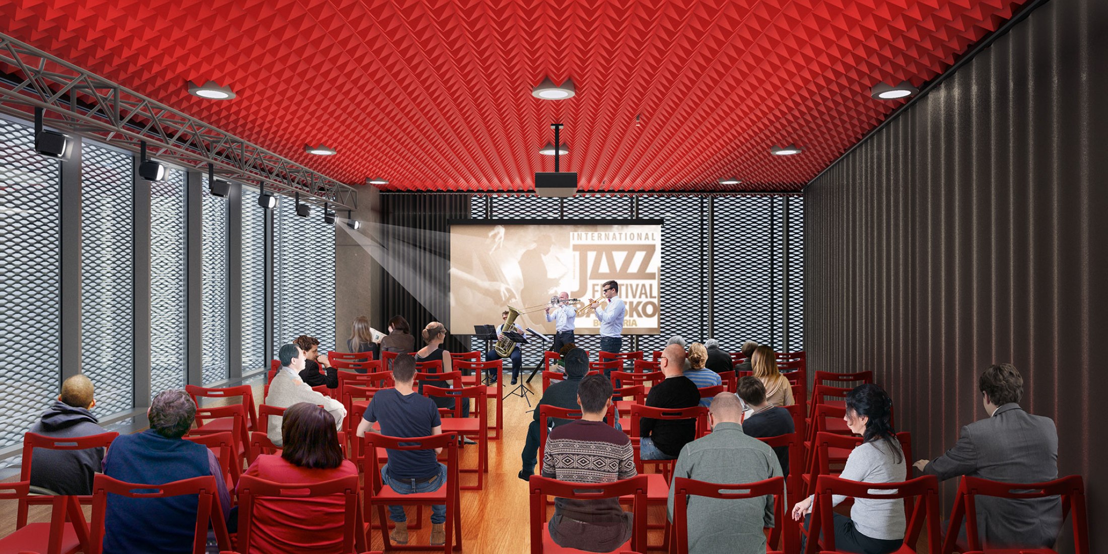 Render vista interior mediateca. La Biblioteca Regional de Varna por Architects for Urbanity