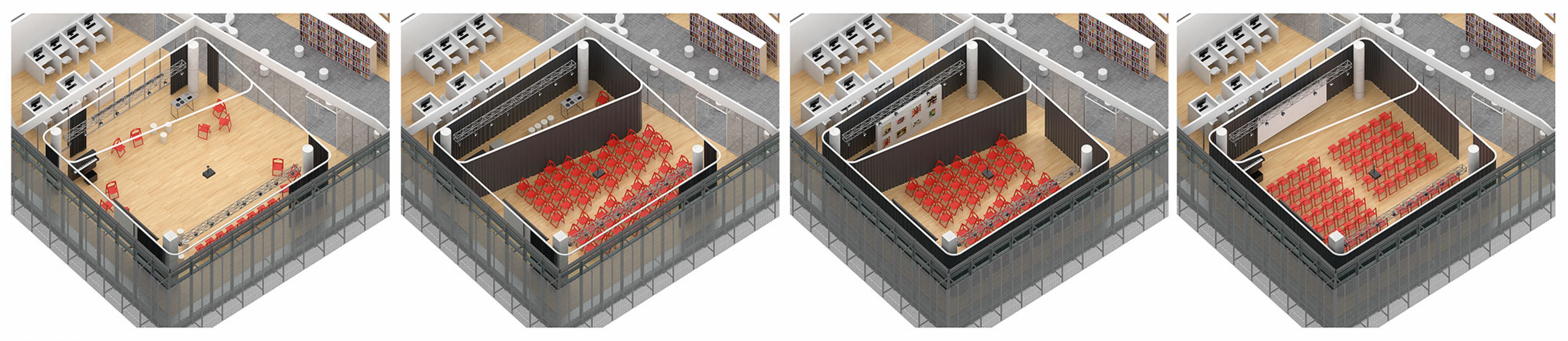 Render diagrama flexibilidad de la mediateca. La Biblioteca Regional de Varna por Architects for Urbanity