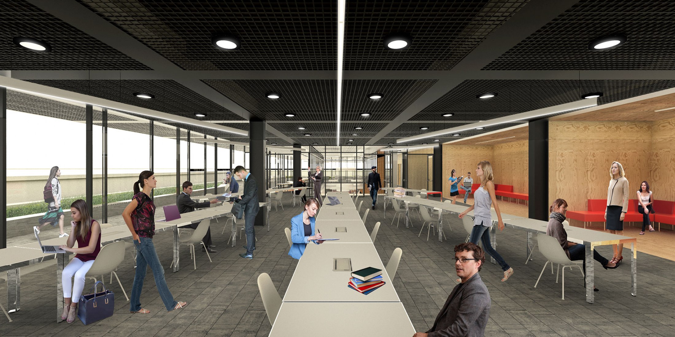 Render vista interior sexta planta. Sala de lectura. La Biblioteca Regional de Varna por Architects for Urbanity