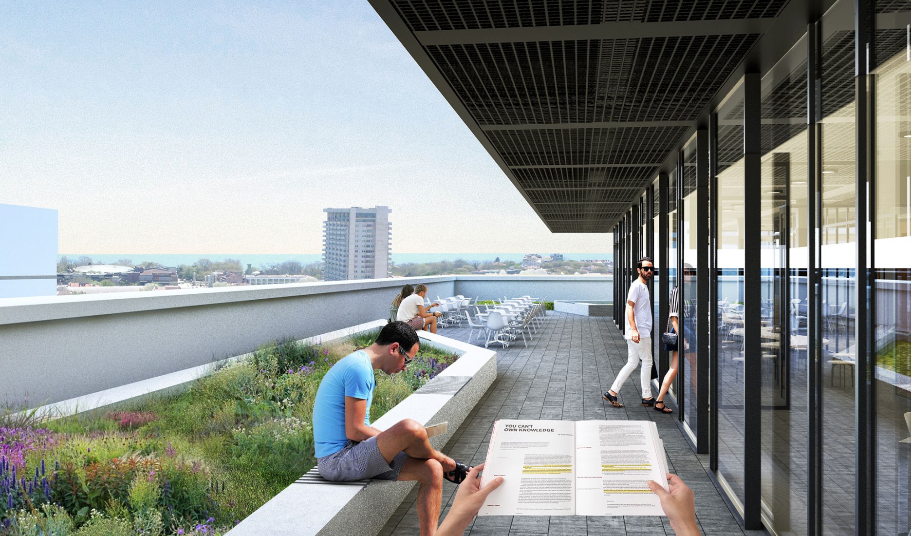 Render vista interior sexta planta. Terraza. La Biblioteca Regional de Varna por Architects for Urbanity