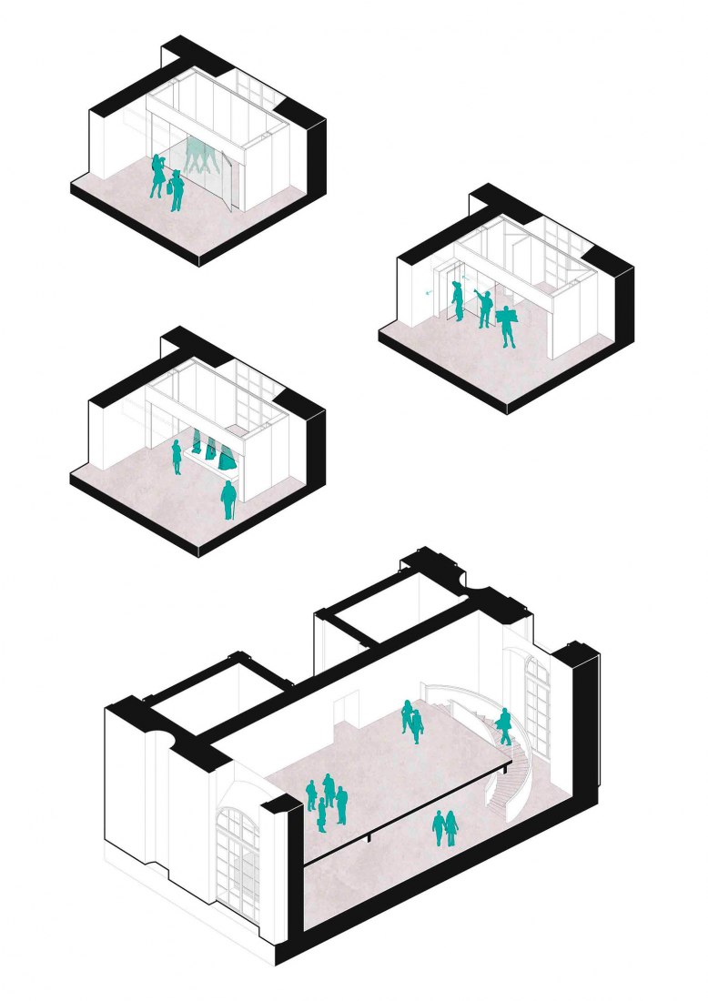 Axonometry diagrams. Renovation of the temporary exhibition spaces Rohan 1 & 2 of the Musée des Arts Decoratifs (MAD) by Bien Urbain atelier d’architecture.