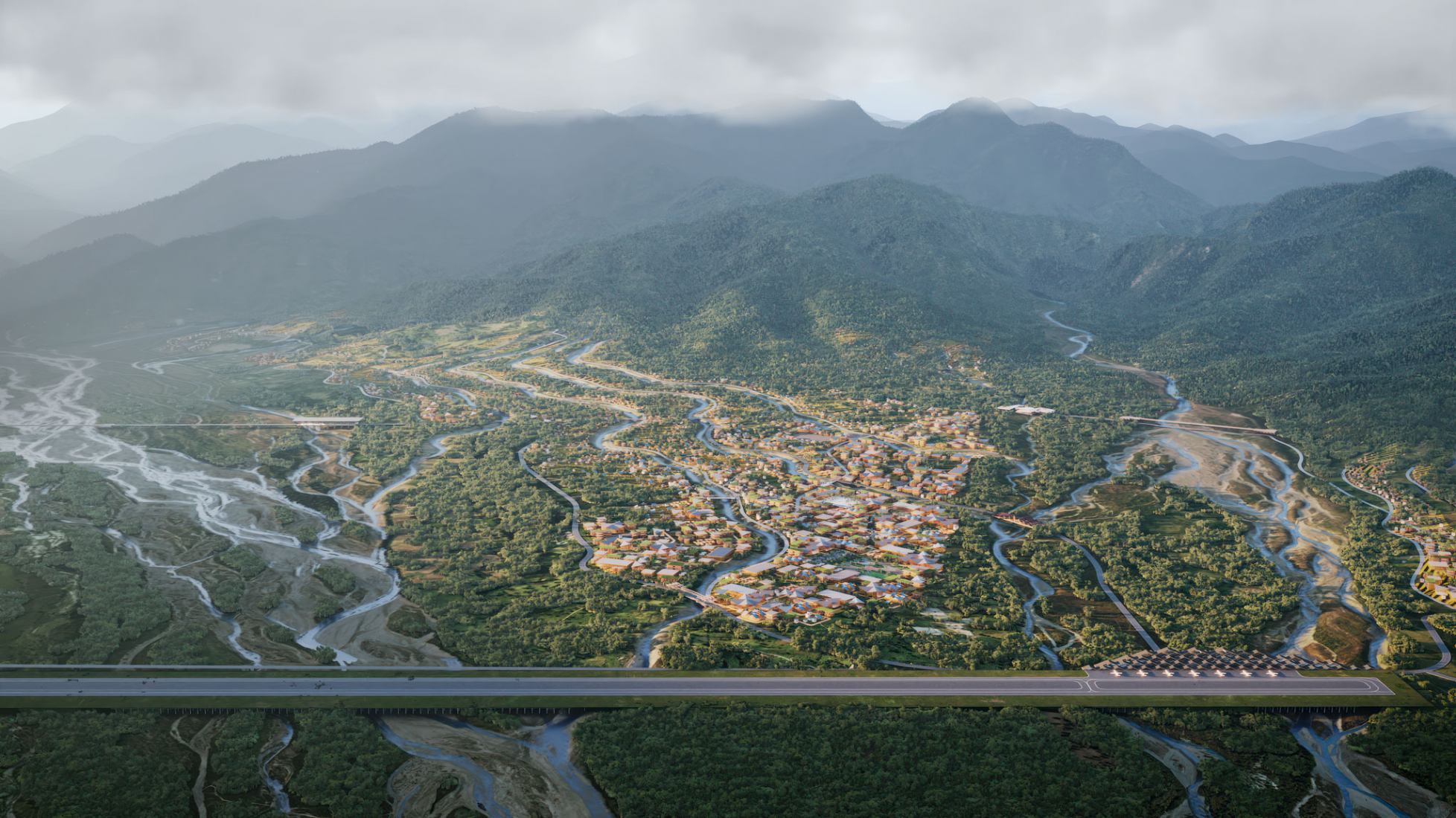 Gelephu «Ciudad de la atención plena» en el Reino de Bután por BIG. Visualización por Brick Visual.