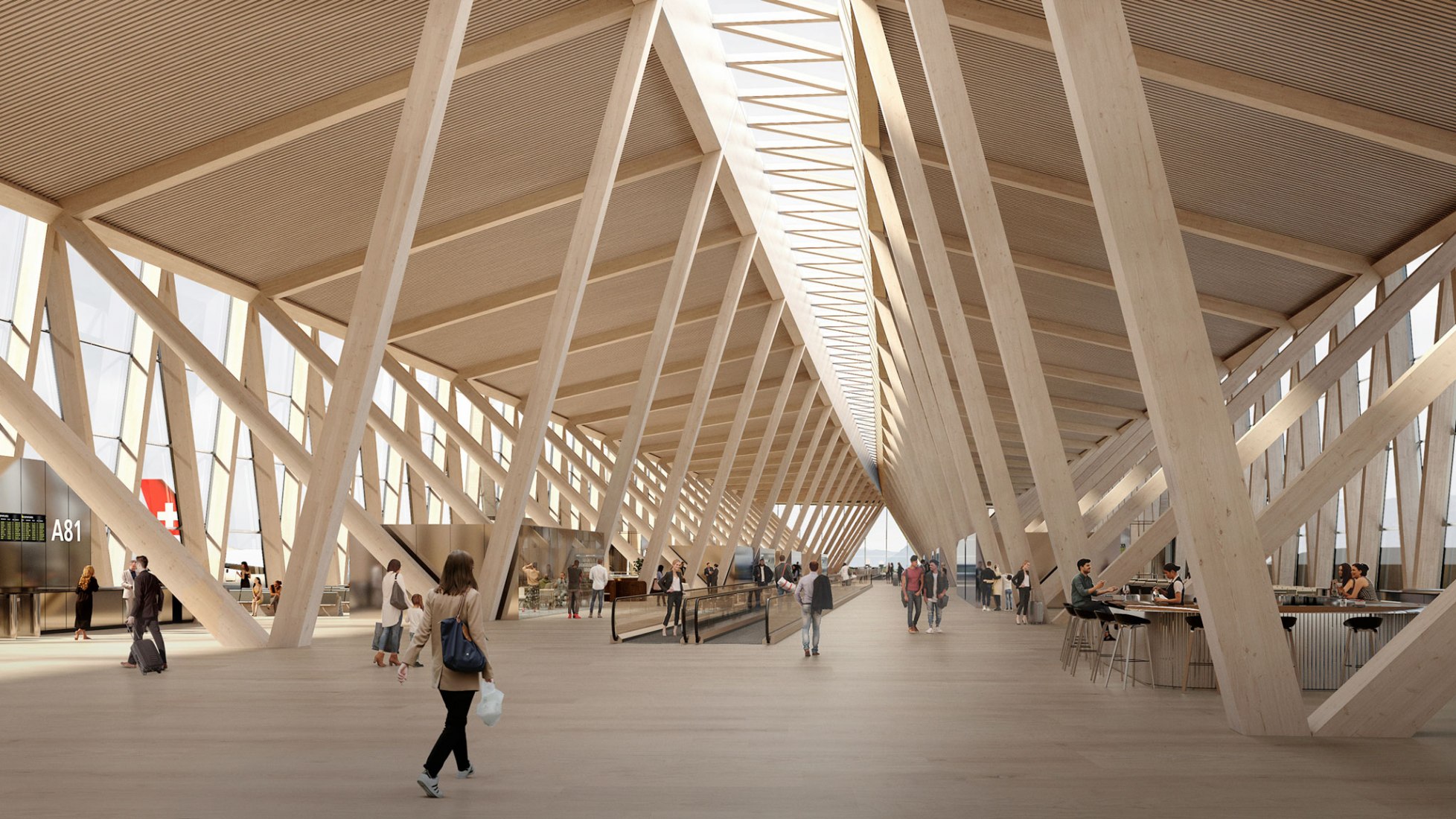 Interior view. ZRH by BIG, HOK, 10:8 architects. Rendering by BIG