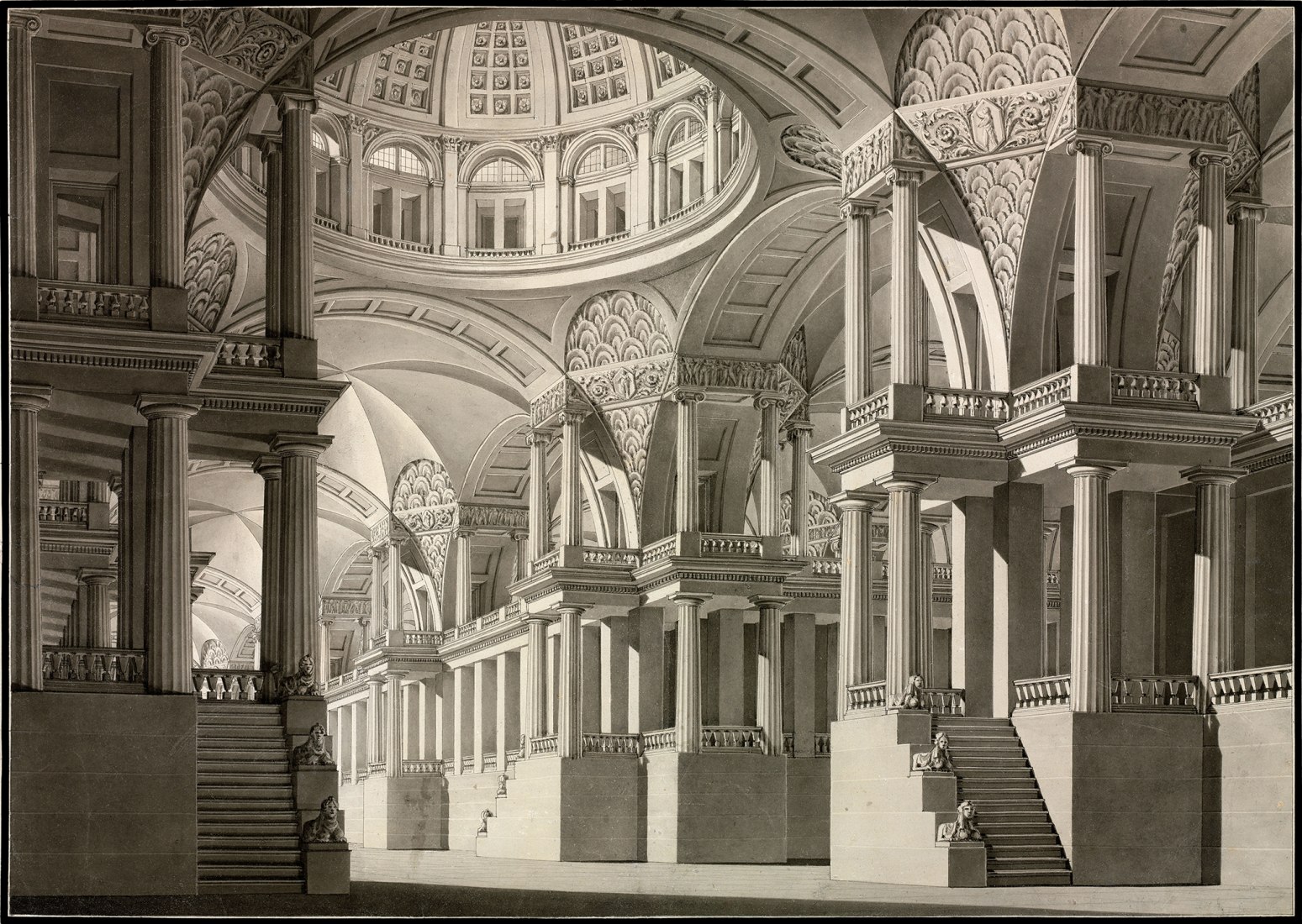 Perspective of a sumptuous interior (ca. 1815). Architecture and Ornamentation drawings from the National Library of the XIX century. Image courtesy of BNE.