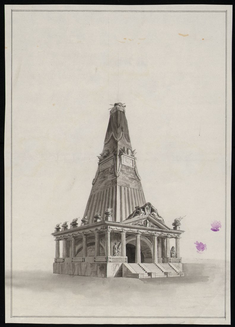Funerary monument dedicated to a military hero (from 1820-1830). Architecture and Ornamentation drawings from the National Library of the XIX century. Image courtesy of BNE.