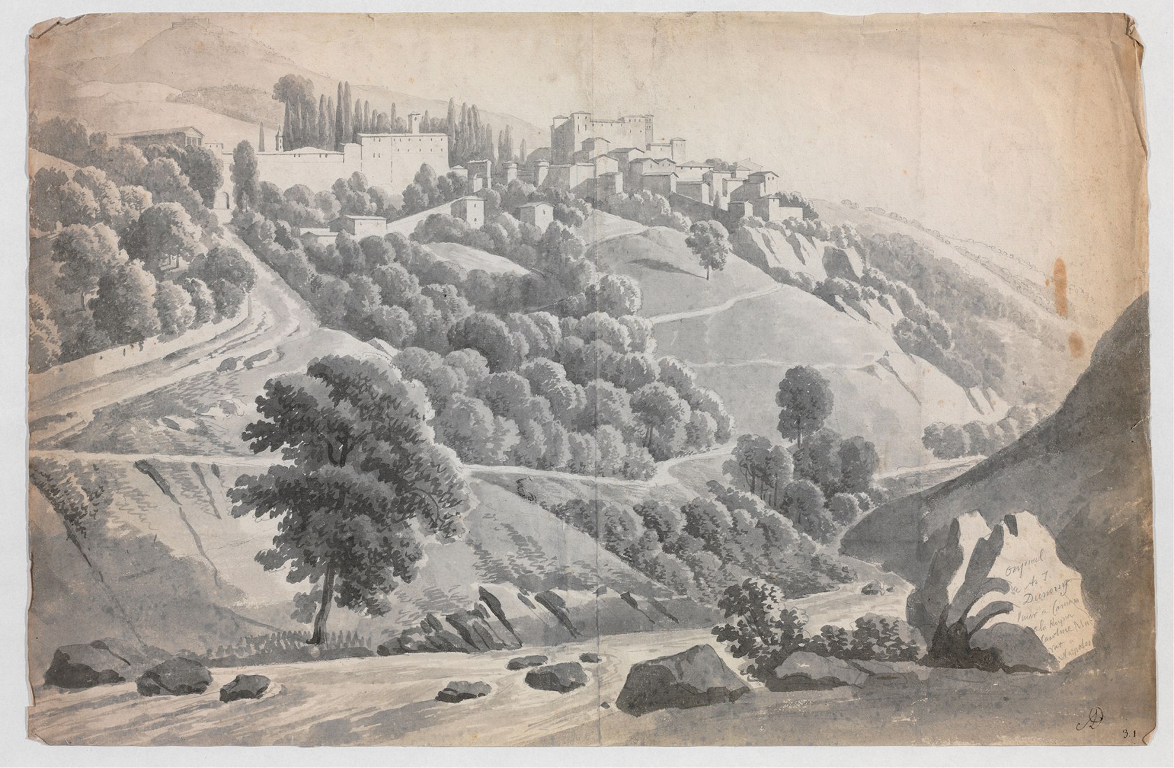 Country view with population in the background (1800-1820). Architecture and Ornamentation drawings from the National Library of the XIX century. Image courtesy of BNE.