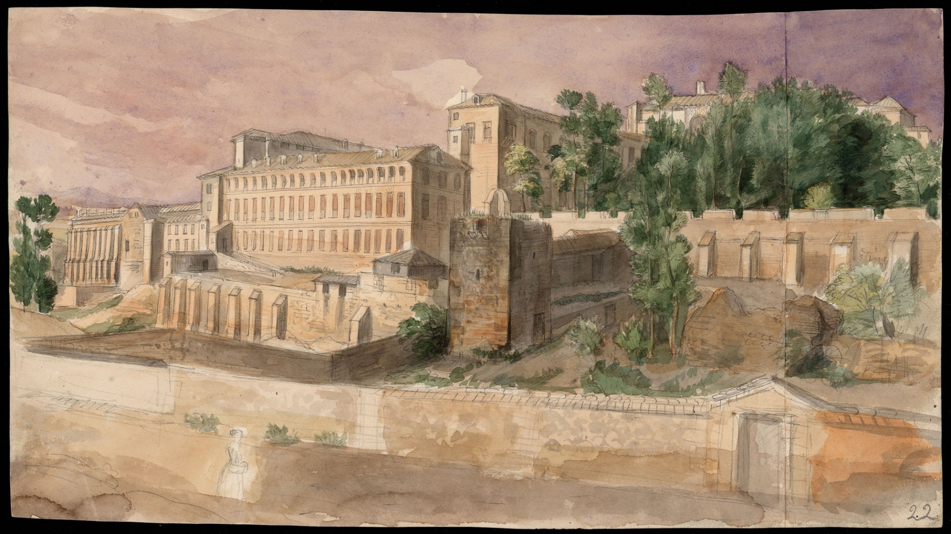 Rear of the Infantado Palace in Guadalajara and Real Fábrica de Cloths (1837). Architecture and Ornamentation drawings from the National Library of the XIX century. Image courtesy of BNE.