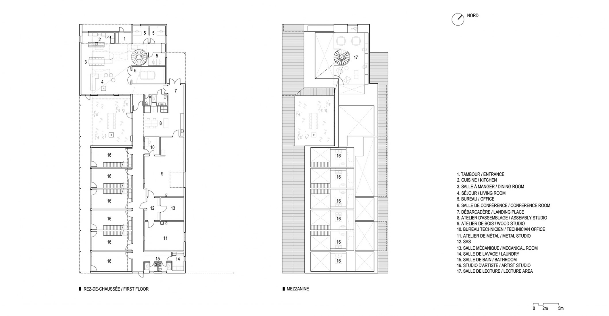Ground and first floor plan. Center Est-Nord-Est by Bourgeois / Lechasseur architectes.