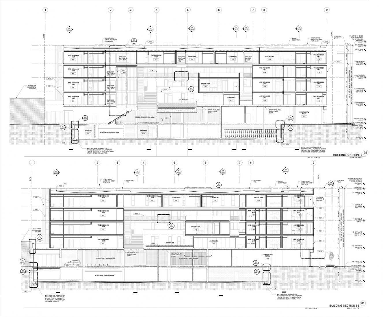 Construction sections. 60 Unit Mixed-use Inclusionary Housing by Brooks + Scarpa.