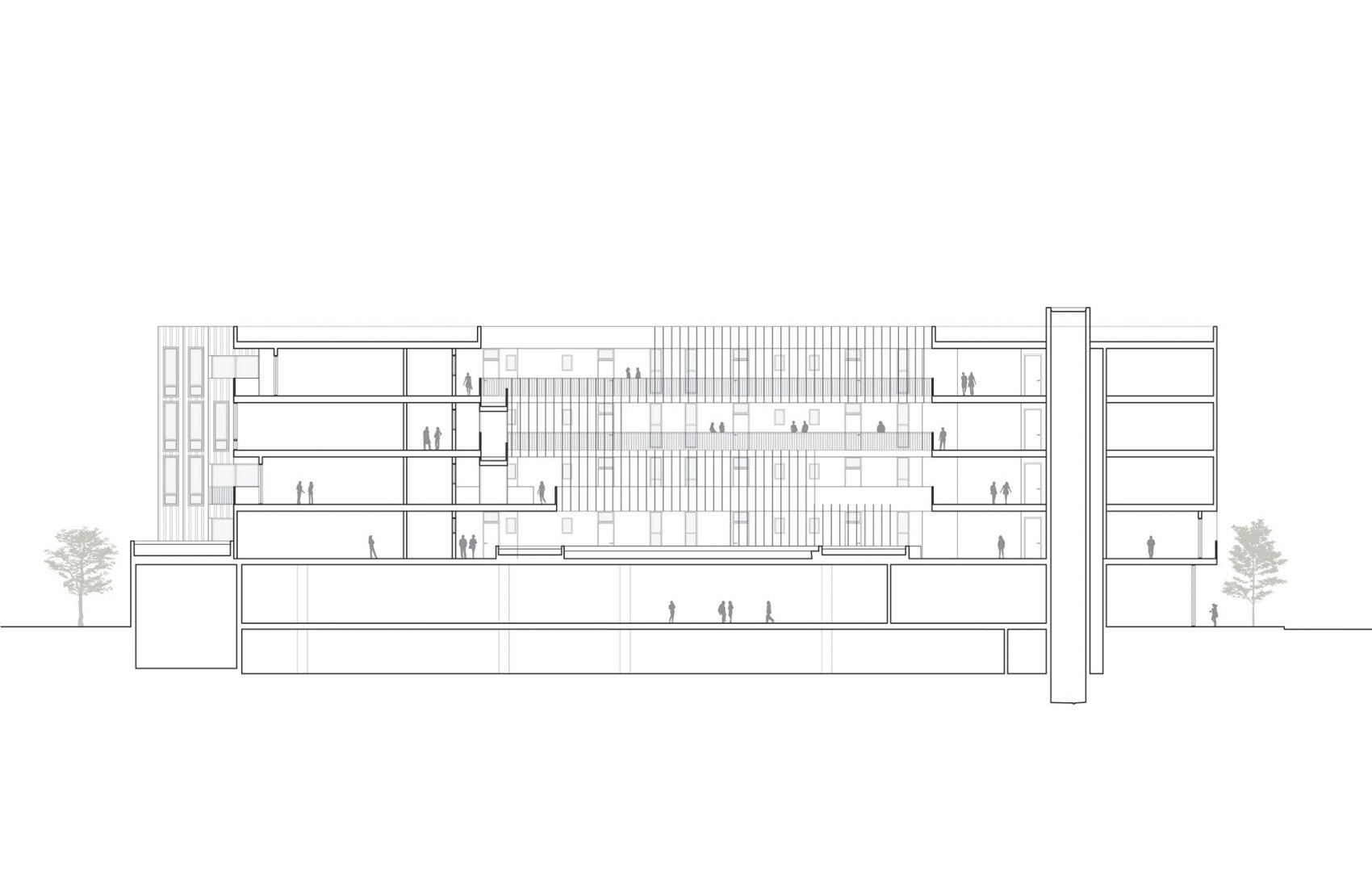 Longituudinal section. 60 Unit Mixed-use Inclusionary Housing by Brooks + Scarpa.