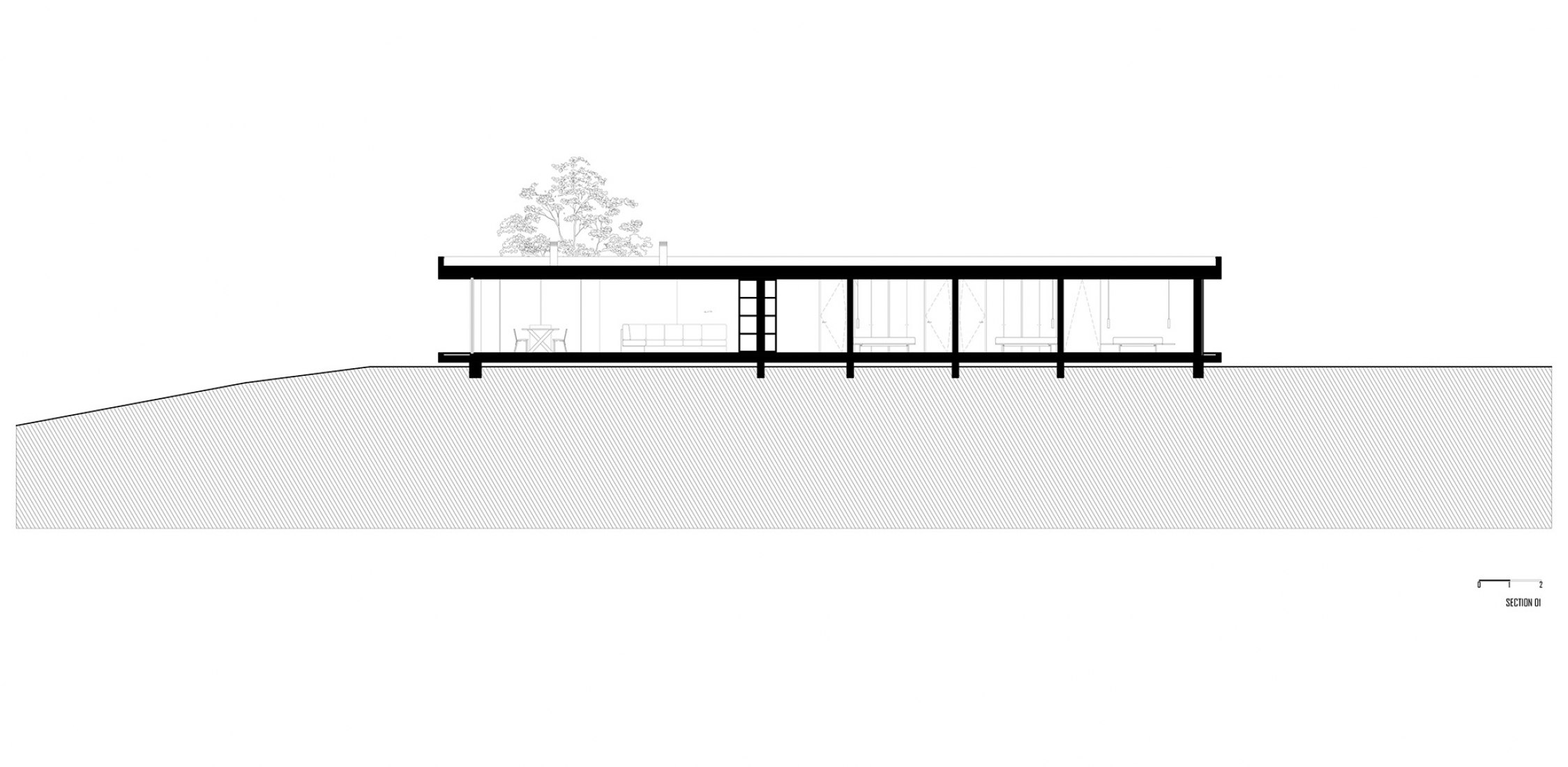 Sección longitudinal. Casa Chouso por Bruno Dias Arquitectura.