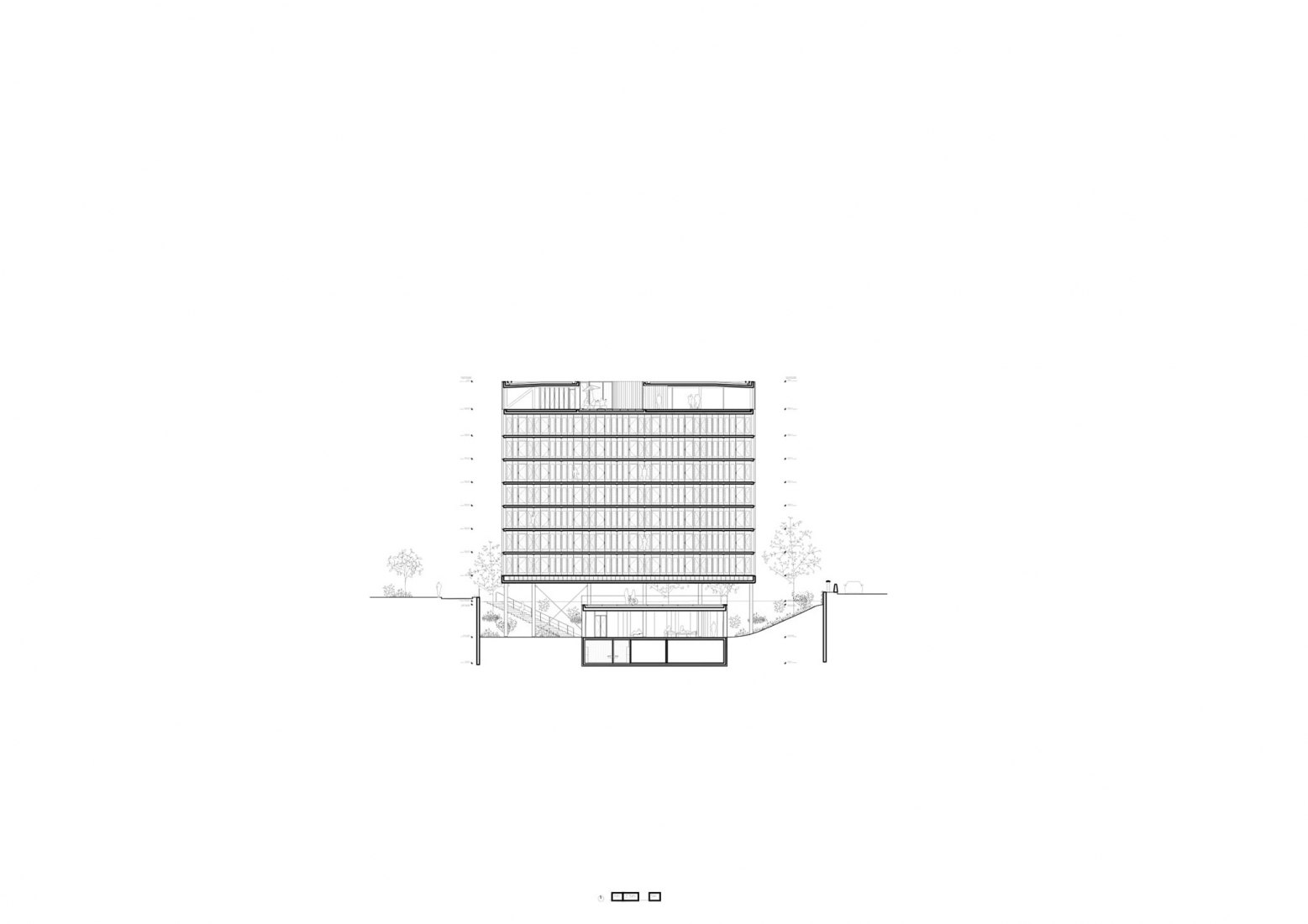 Sección longitudinal. Residencia para investigadores "Maison Julie-Victoire Daubié" por BRUTHER.