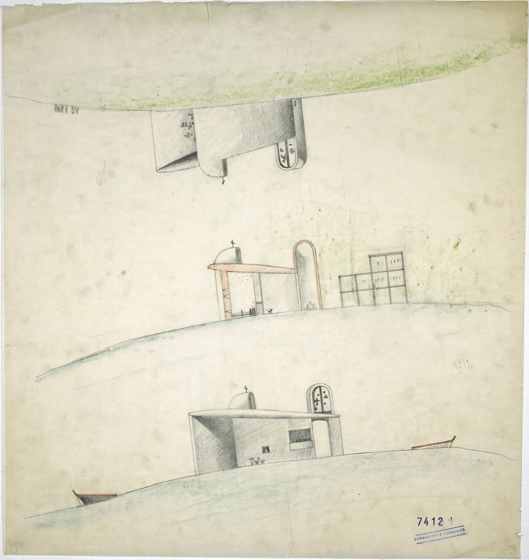 Le Corbusier (Charles-Édouard Jeanneret). Chapel of Notre-Dame-du-Haut, Ronchamp, 1950-1955. From top to bottom: elevation of the east facade (inverted), elevation of the facade from the southwest corner and cross section from north to south by the bell. Pencil, colored pencil and pastel on vellum paper.