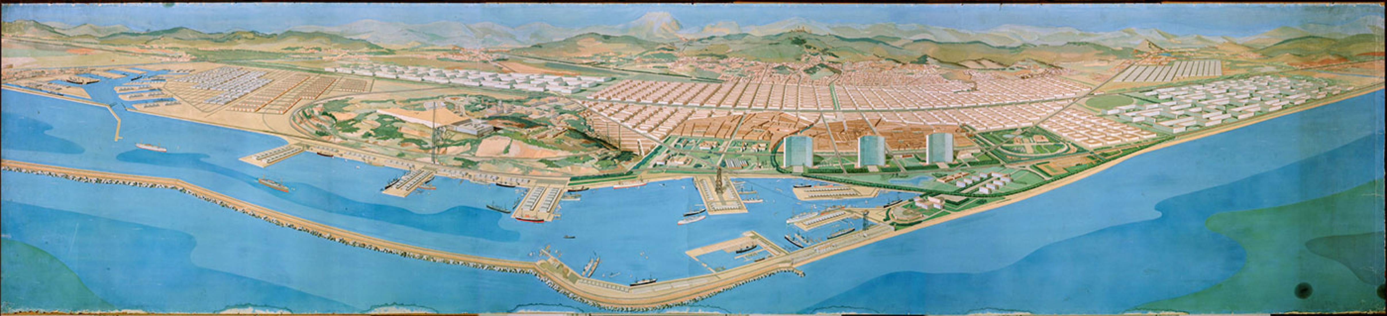 Le Corbusier (Charles-Édouard Jeanneret). Grup d’Arquitectes i Tècnics Catalans per al Progrés de l’Arquitectura Contemporània. Plan Macià, Barcelona. 1933.  Overview. Gouache on paper, 57 7/8 × 259 7/16” (147 × 659 cm). Archivo histórico del Col·legi d’Arquitectes de Catalunya © 2014 FLC-VEGAP.