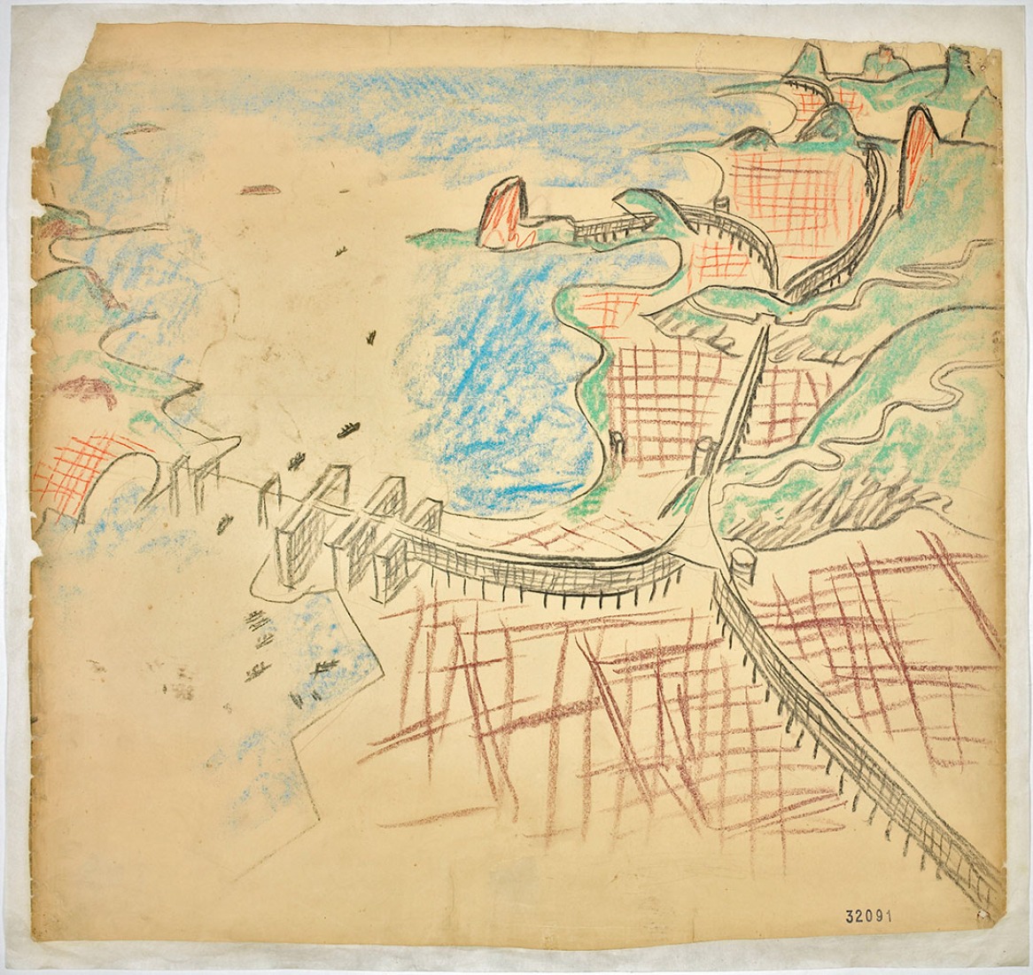 Le Corbusier (Charles-Édouard Jeanneret). Urban Plan for Rio de Janeiro, 1929. Aerial perspective with Guanabara Bay, the center and the playas.Carboncillo, pencil and pastel on paper. Fondation Le Corbusier, París. © 2014 FLC-VEGAP.