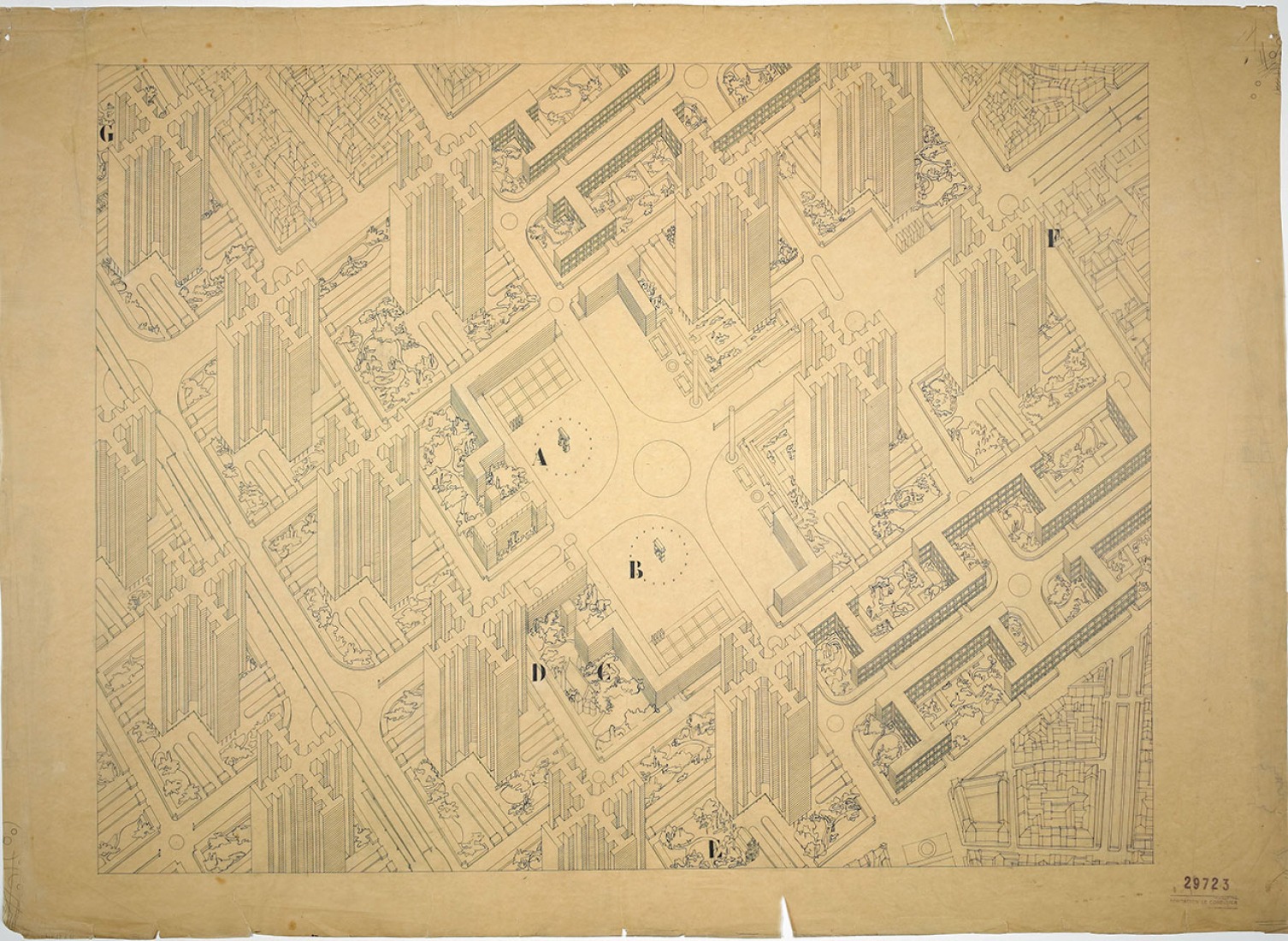 Le Corbusier (Charles-Édouard Jeanneret). Plan Voisin para París, 1925. Perspective view with the doors of Saint-Denis and Saint-Martin. Ink on paper.Fondation Le Corbusier, París. © 2014 FLC-VEGAP.