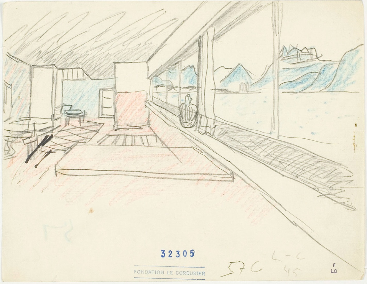 Le Corbusier (Charles-Édouard Jeanneret). Villa Le Lac, Corseaux, 1924-1925. Perspective lounge overlooking Lake Geneva. 1924. Pencil and colored pencil on paper. Fondation Le Corbusier, París. © 2014 FLC-VEGAP.