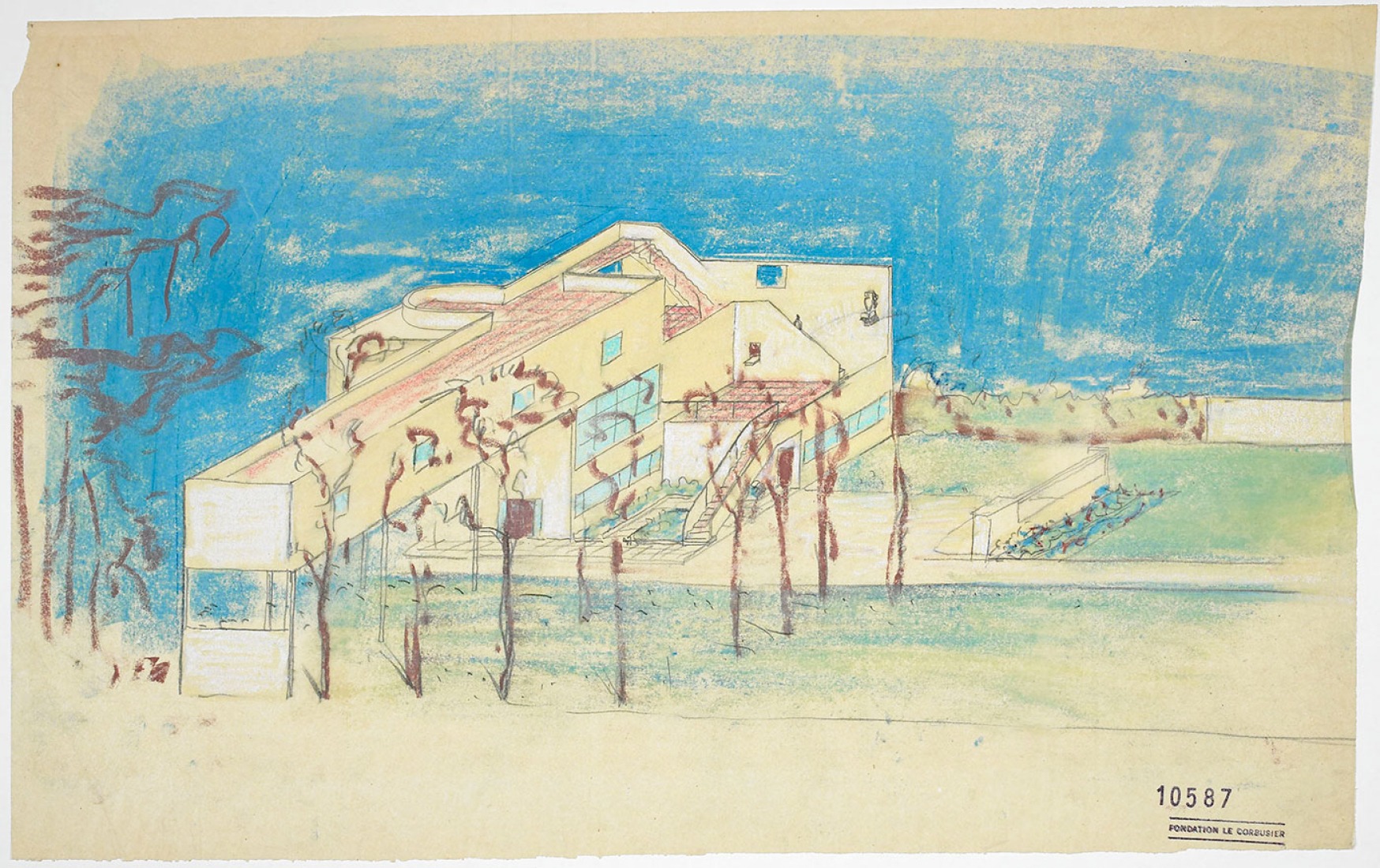 Le Corbusier (Charles-Édouard Jeanneret). Villa Stein-De Monzie, Garches, 1926-1928. Perspective view of the first project and the garden. 1926. Pencil and pastel on paper. Fondation Le Corbusier, París. © 2014 FLC-VEGAP.