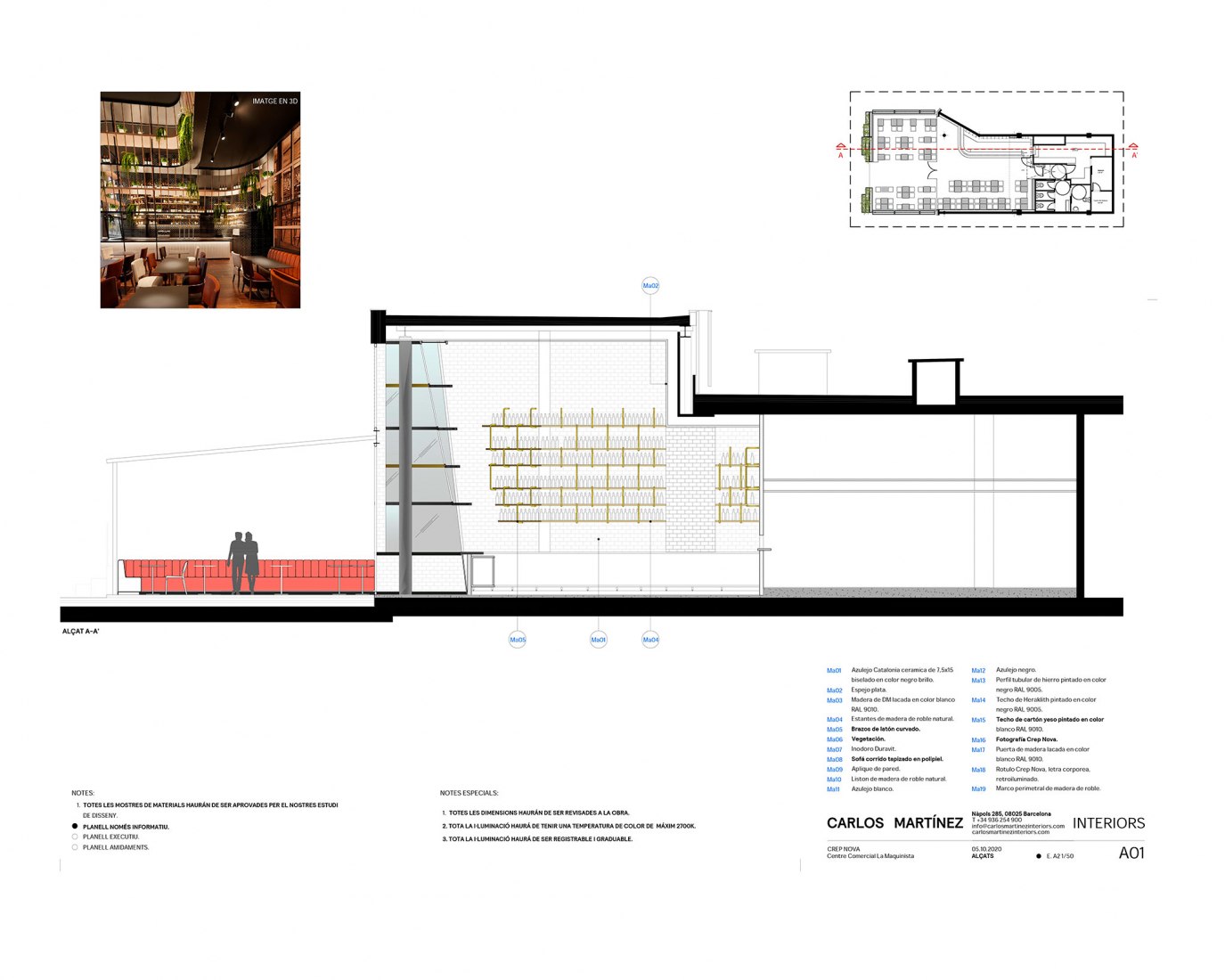Section. Restaurant Crep Nova by Carlos Martínez Interiors.