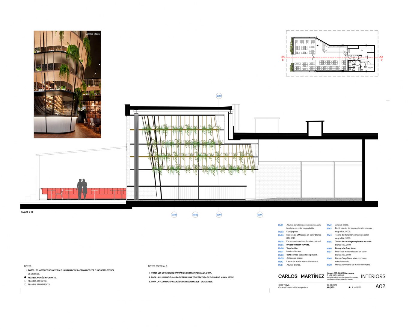Section. Restaurant Crep Nova by Carlos Martínez Interiors.