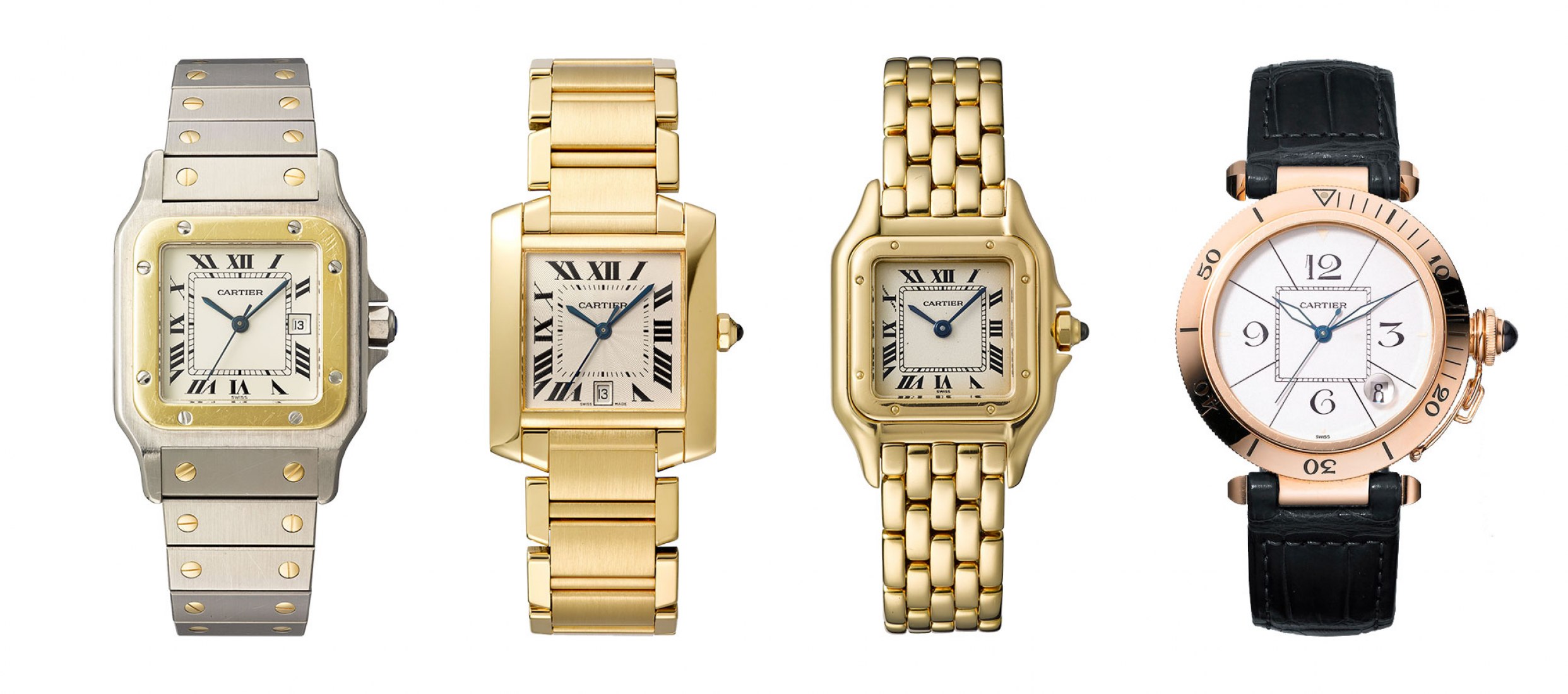 Composición de diferentes relojes. [1] Reloj de muñeca Santos de Cartier con movimiento automático Cartier, modelo creado en 1978 Oro, acero, una espinela con facetas azules Colección Cartier de Vincent Wulveryck Colección Cartier. [2] Cartier Tank. [3] el Panthere - un reloj de pulsera re-imaginado el Santos, un reloj de la era disco de la década de 1980, cuyo estilo ha vuelto este año, y [4] un Cartier Pasha sumergible, un diseño que apareció por primera vez en la década de 1930. Fotografía © Cartier. 