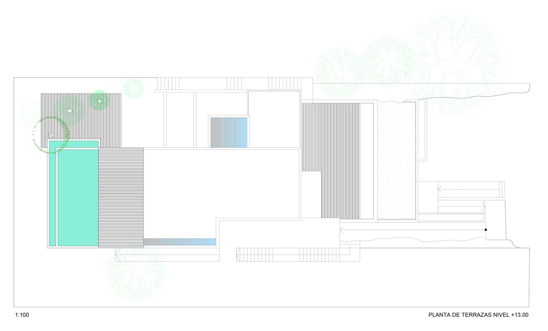 Planta de terrazas +13.00 m. Casa en la Piedra por Christian Schlatter.