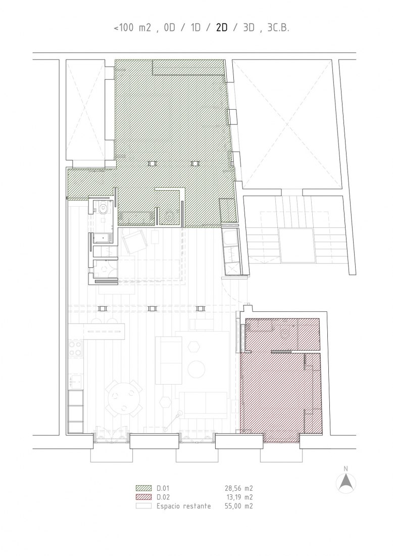 Plano de planta, Dormitorio 1 y 2. Espacio total. Casa G² por Gabriel Asdrúbal. 