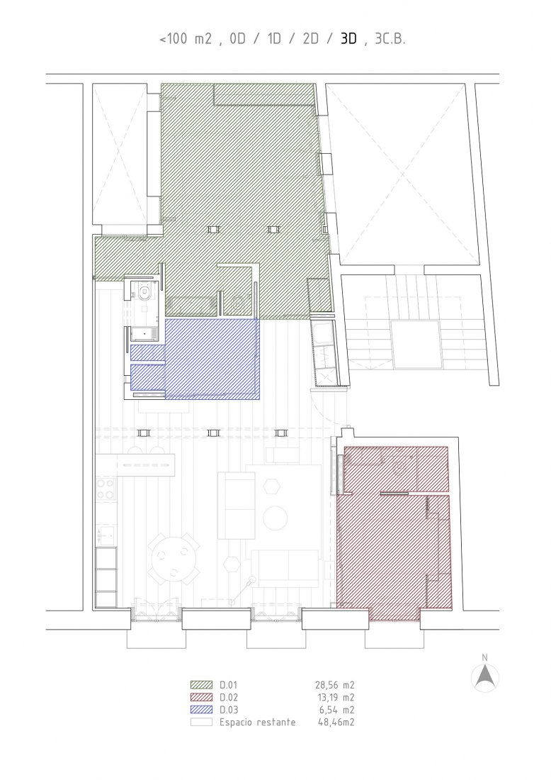Plano de planta, Dormitorio 1, 2 y 3. Espacio total. Casa G² por Gabriel Asdrúbal. 
