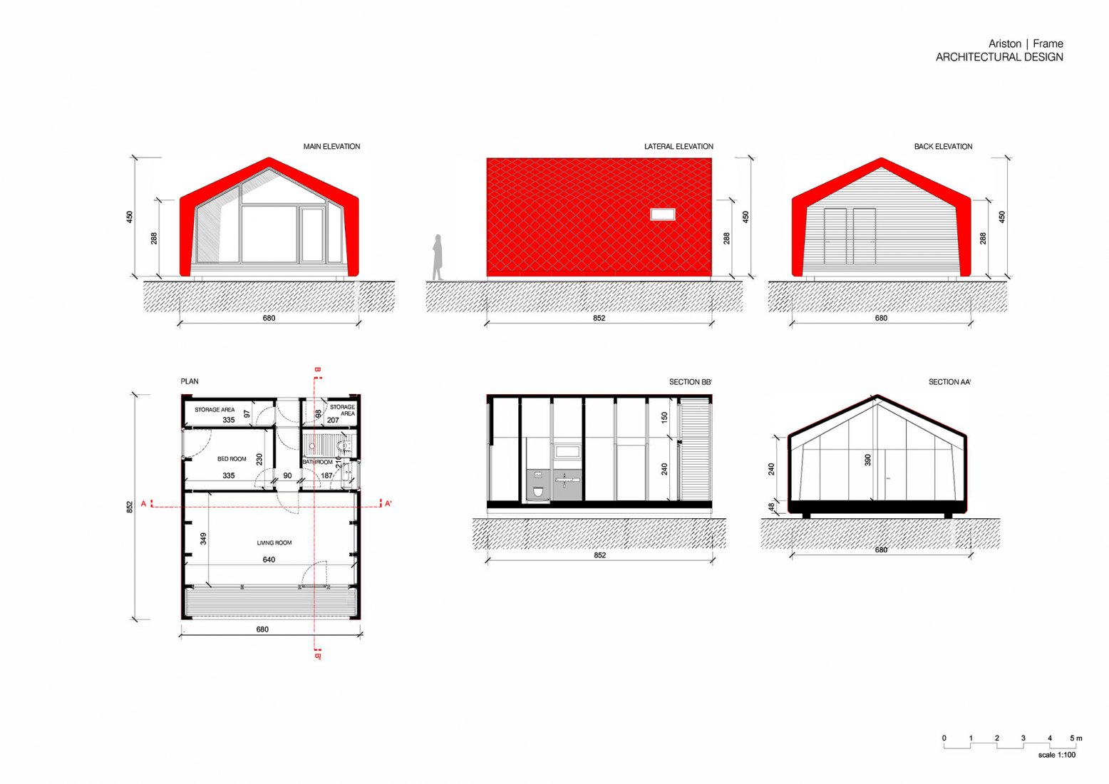 Alzados, secciones y plano de planta de la vivienda Ariston por Luca Gentilcore/LEAPfactory.