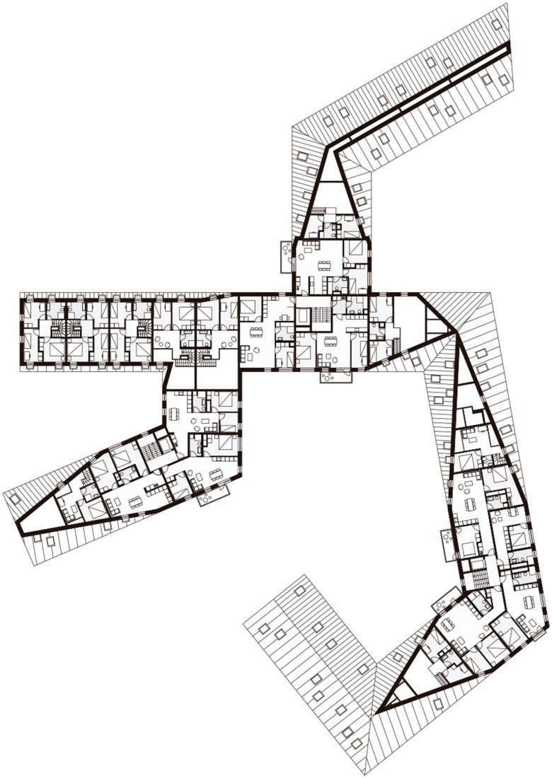 Plano de segunda planta. Comunidad de viviendas Malling Dampmølle por CEBRA.