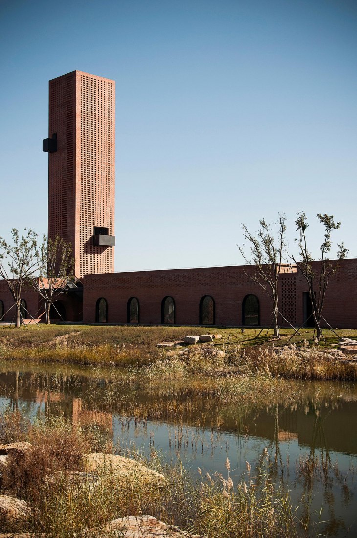 Overlooking west façade on bridge. Tower of Bricks by Interval Architects. Photograph by Zhi Geng