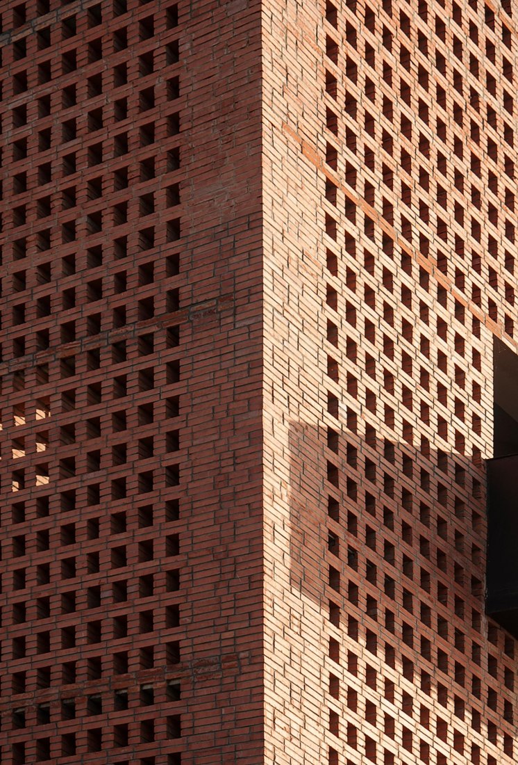 Detail of brick facade. Tower of Bricks by Interval Architects. Photograph by Zhi Geng